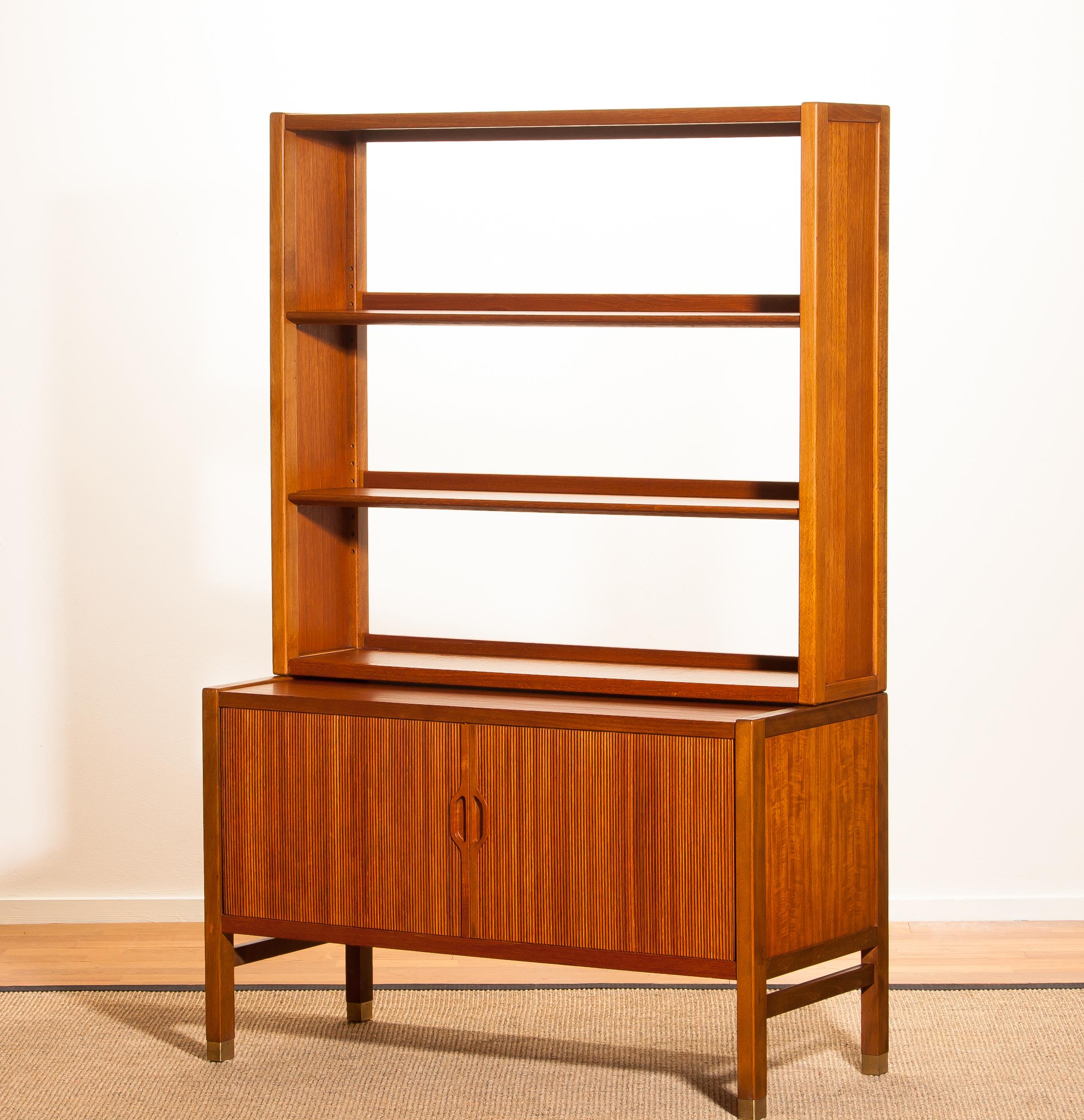 Brass 1960s, Teak Tambour Bookcase Cabinet by Carl Aksel Acking for Bodafors, Sweden