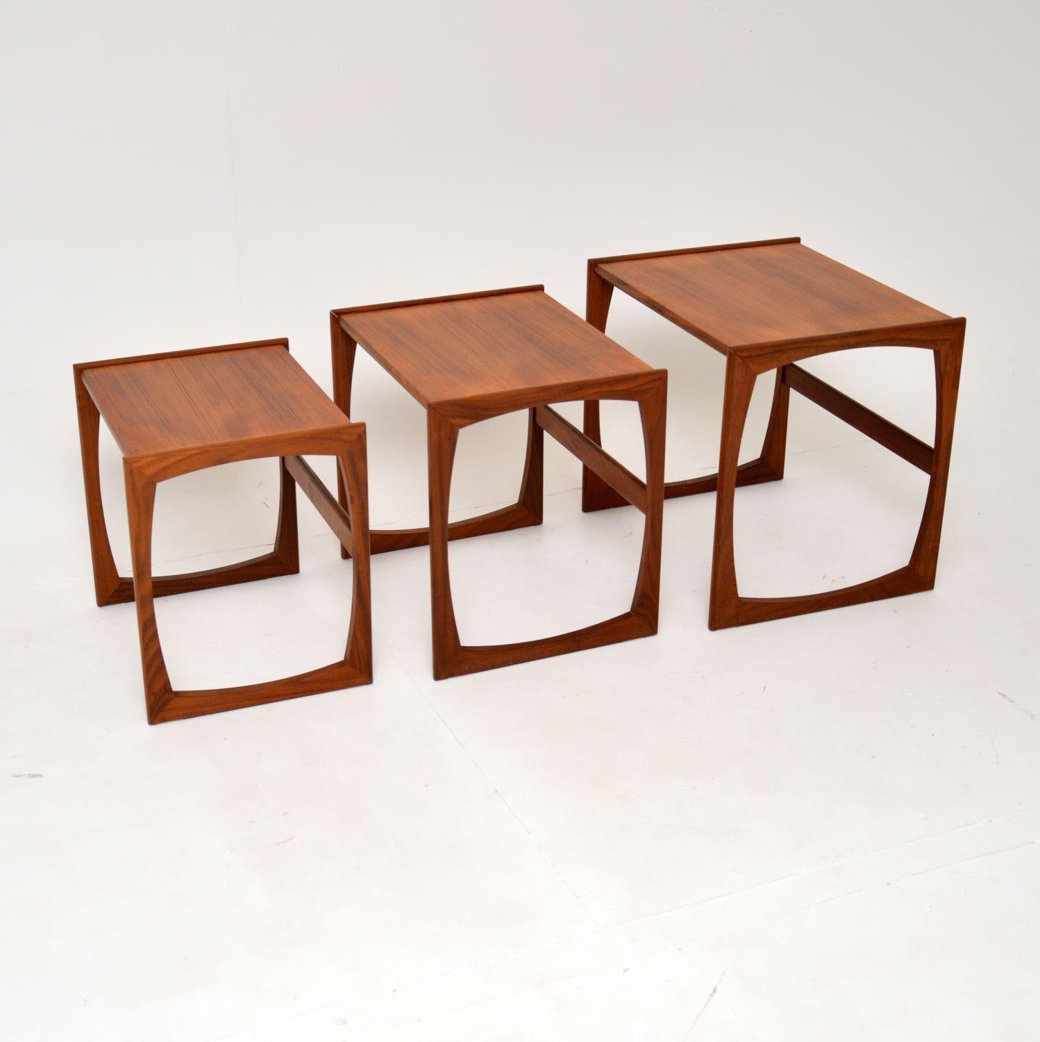 A stunning and iconic design, these teak nesting tables were made by G Plan. This model is from the Quadrille range, they were made in England and date from the 1960’s.

The quality is amazing and these have a very clever design. They have