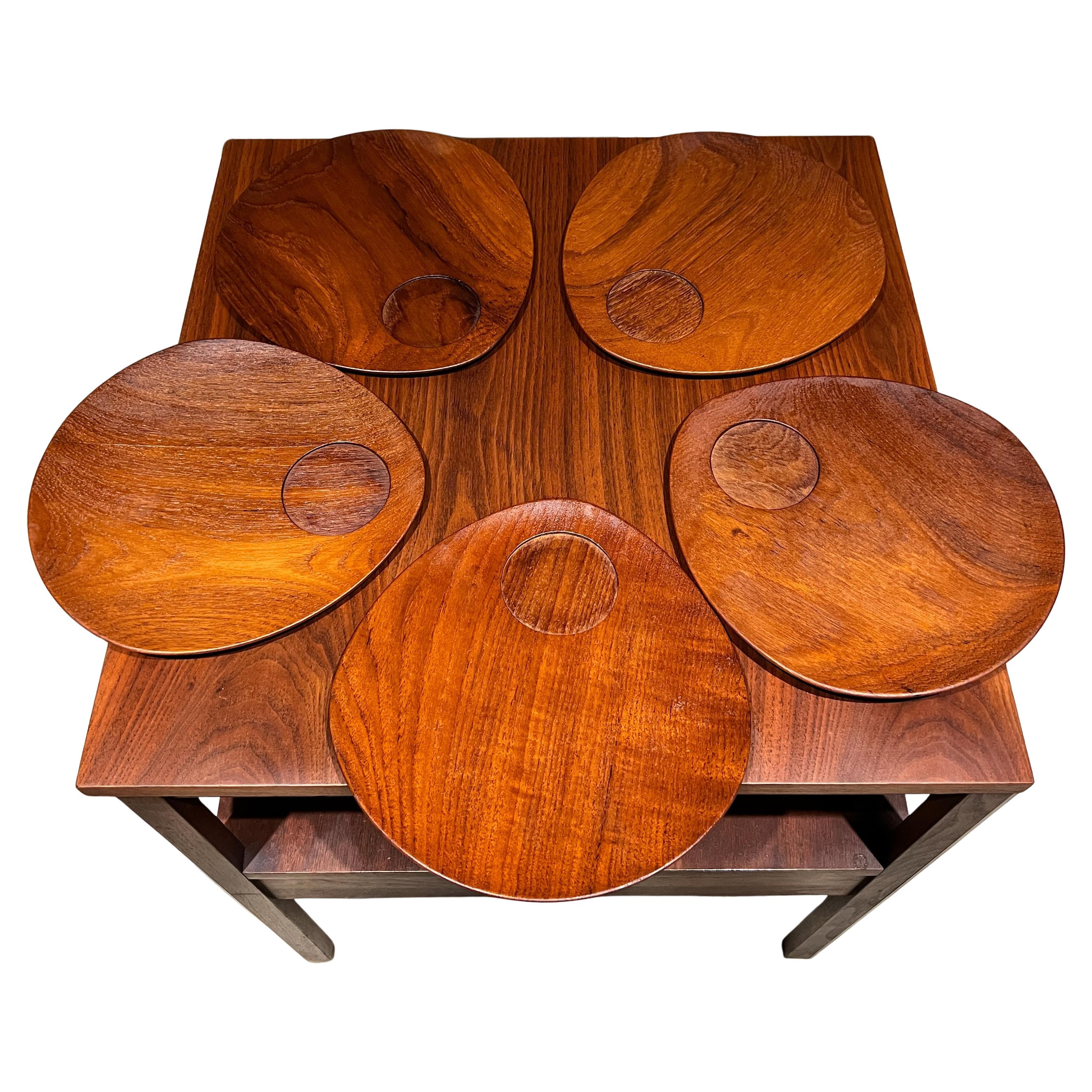 1960s Teakwood Snack Plates Lunning Inc Denmark- Set of 5 For Sale