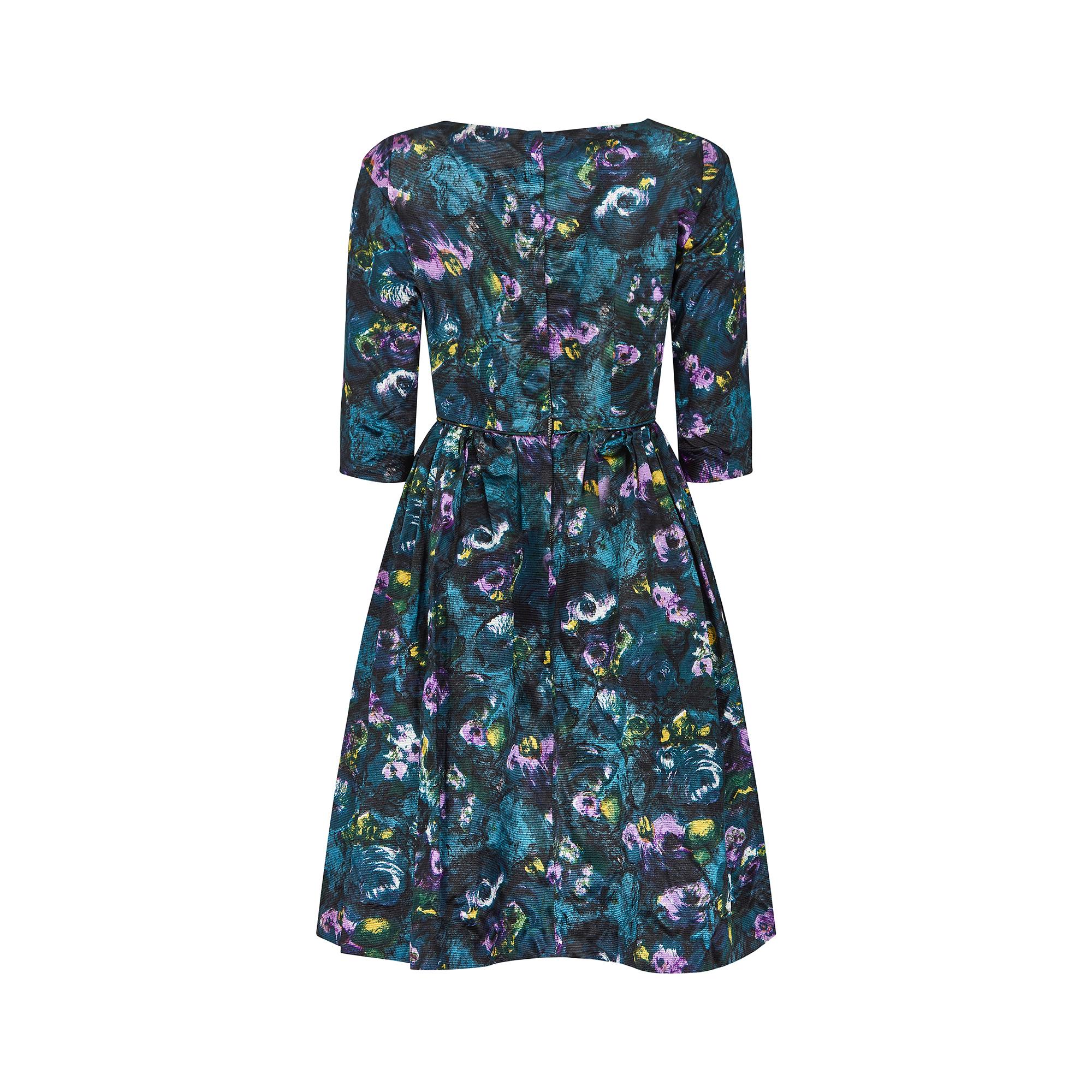1960er Grünblaues geblümtes Kleid mit drei Viertel-Ärmeln im Zustand „Hervorragend“ im Angebot in London, GB
