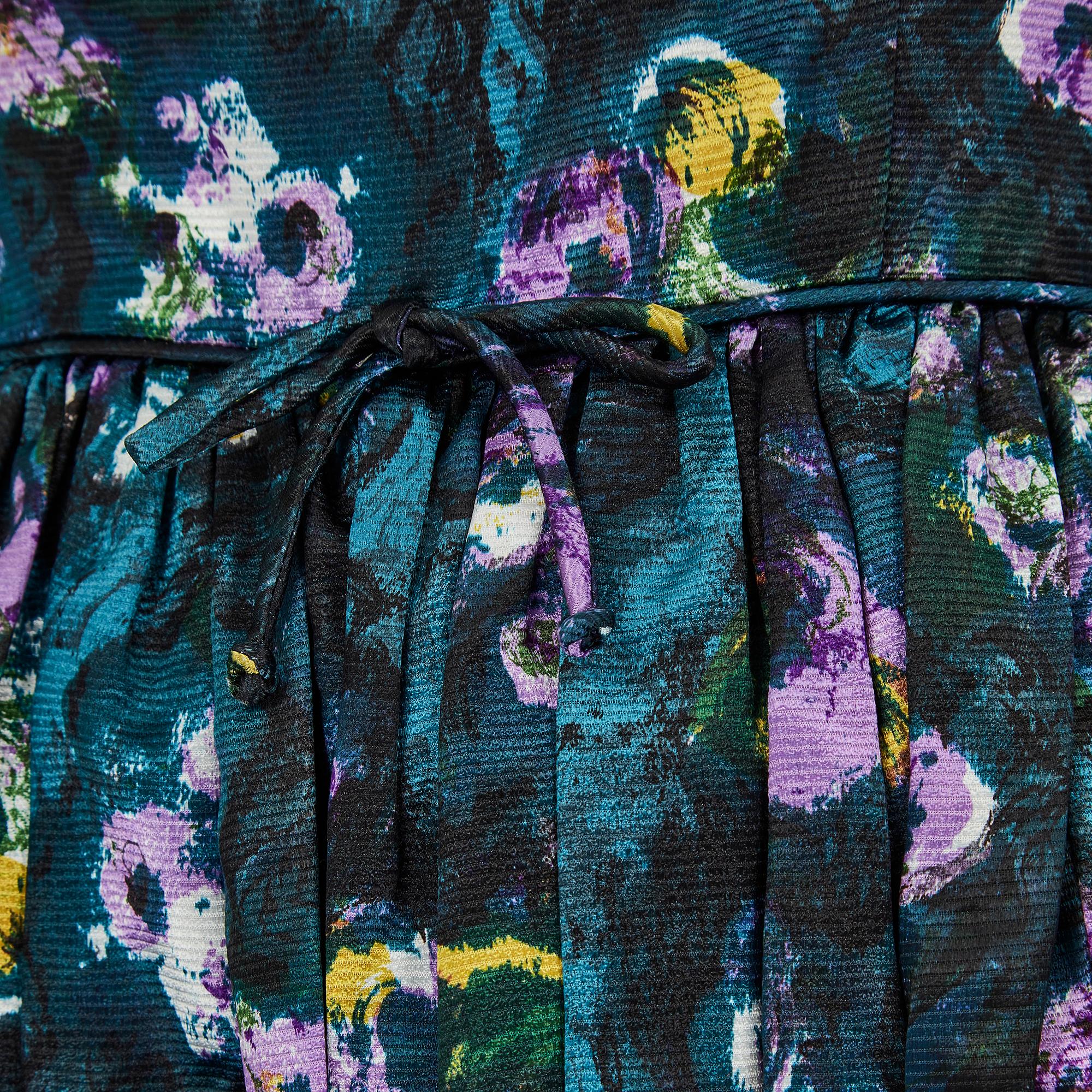 Robe à fleurs bleu sarcelle à manches trois quarts des années 1960 Excellent état - En vente à London, GB