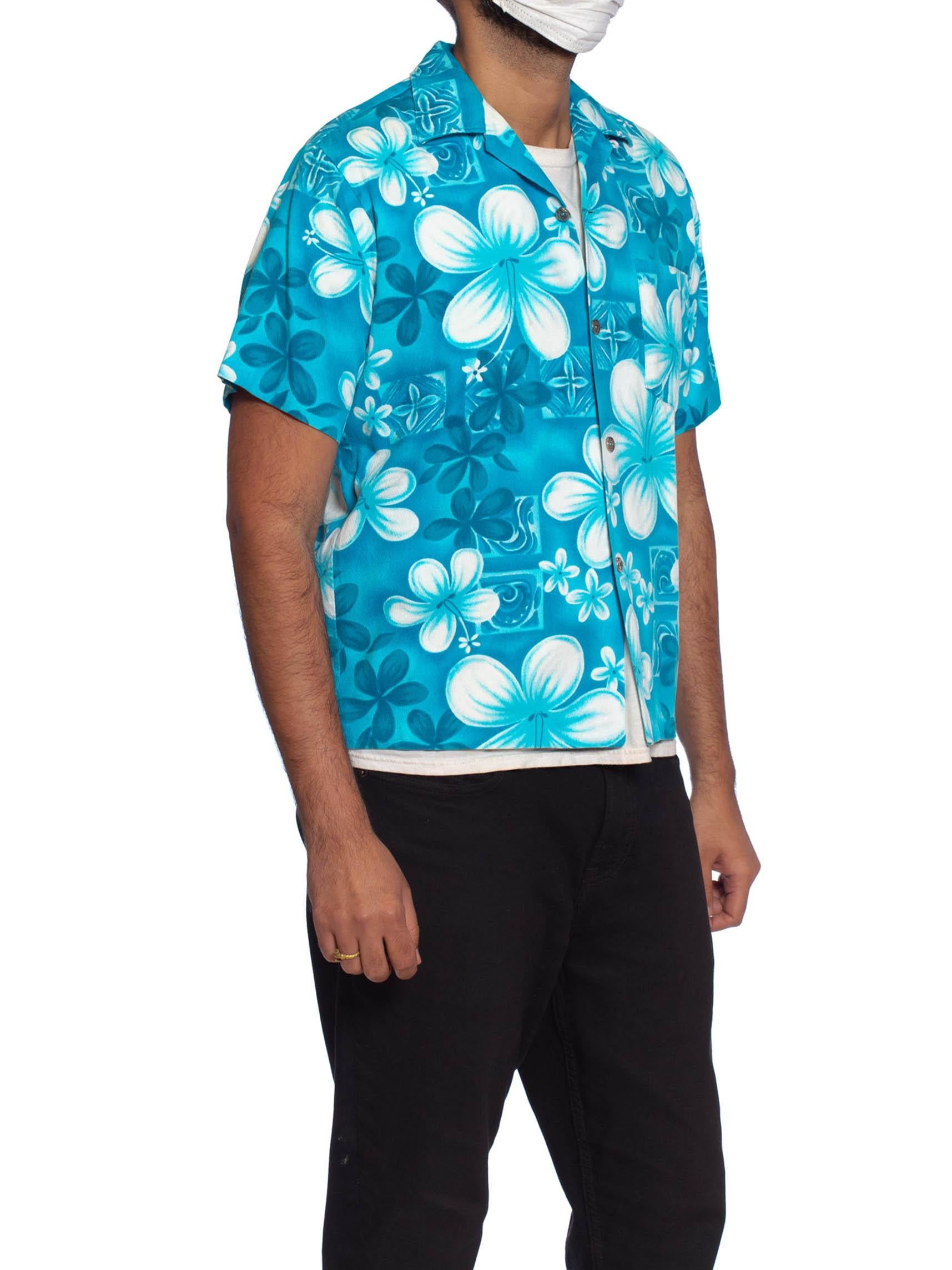 Blue 1960S Teal Hawaiian Cotton Barkcloth Men’S Shirt