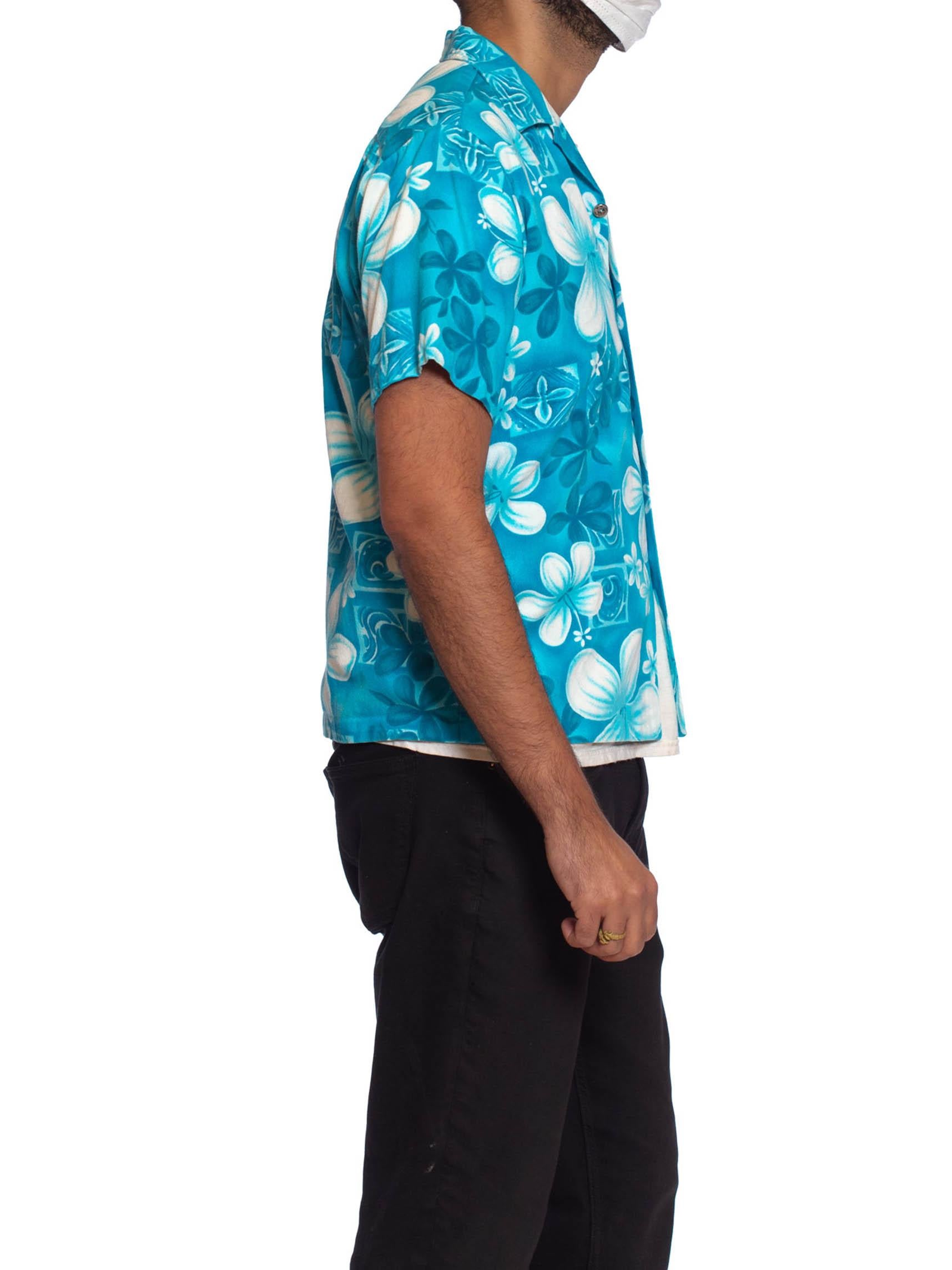 Men's 1960S Teal Hawaiian Cotton Barkcloth Men’S Shirt