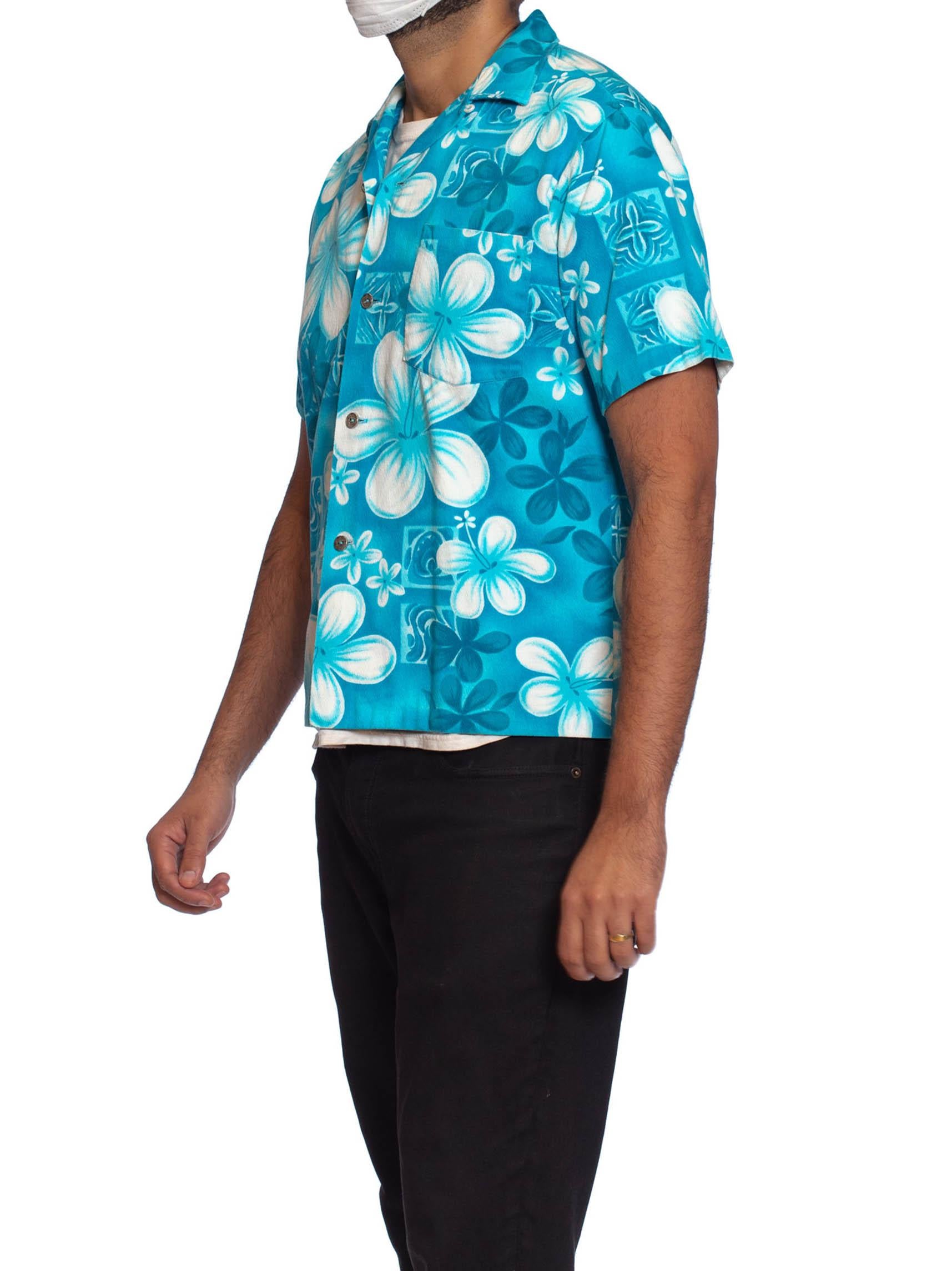 1960S Teal Hawaiian Cotton Barkcloth Men’S Shirt 2