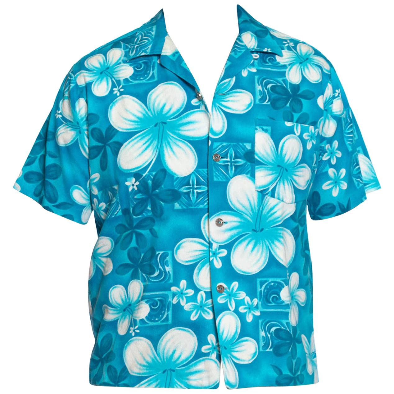 1960S Teal Hawaiian Cotton Barkcloth Men’S Shirt