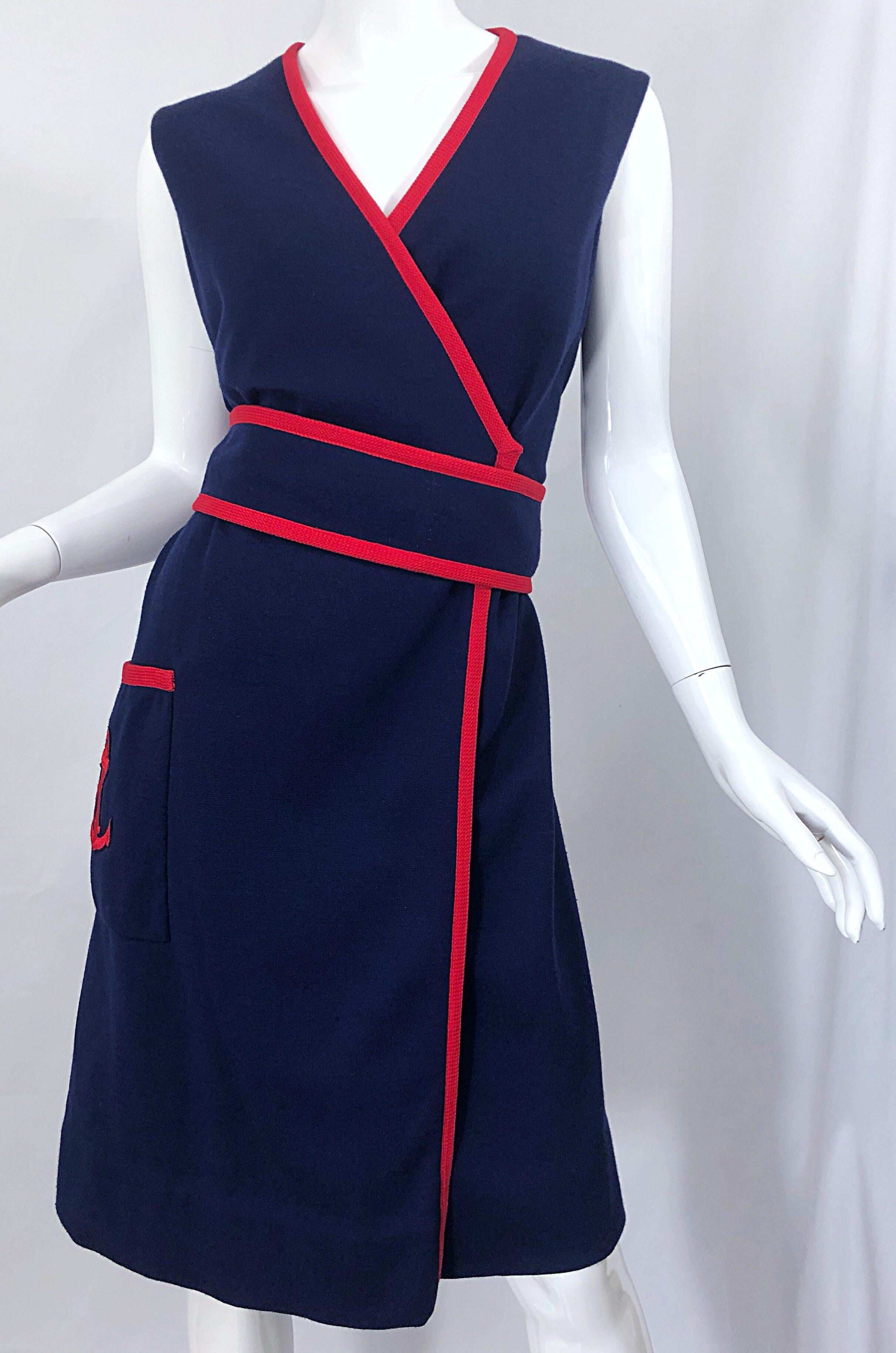 1960s Teal Traina XL Size Nautical Navy Blue Red Vintage 60s Wool Wrap Dress For Sale 2