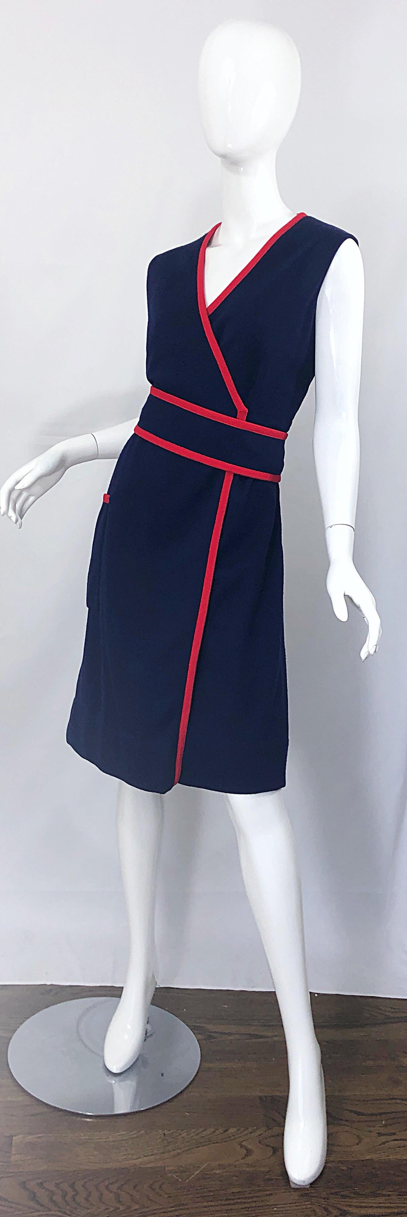 1960s Teal Traina XL Size Nautical Navy Blue Red Vintage 60s Wool Wrap Dress For Sale 3