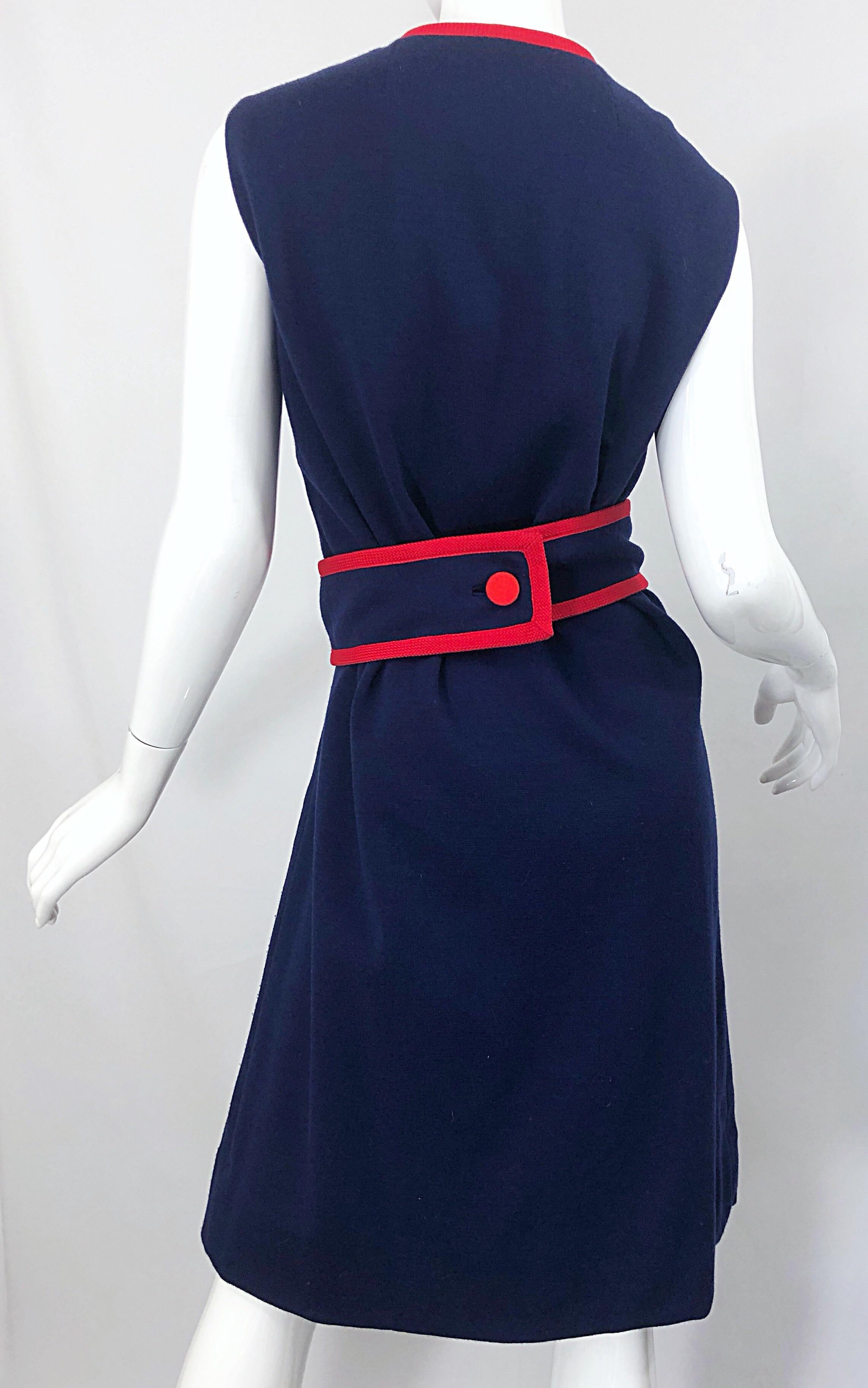 1960s Teal Traina XL Size Nautical Navy Blue Red Vintage 60s Wool Wrap Dress For Sale 4