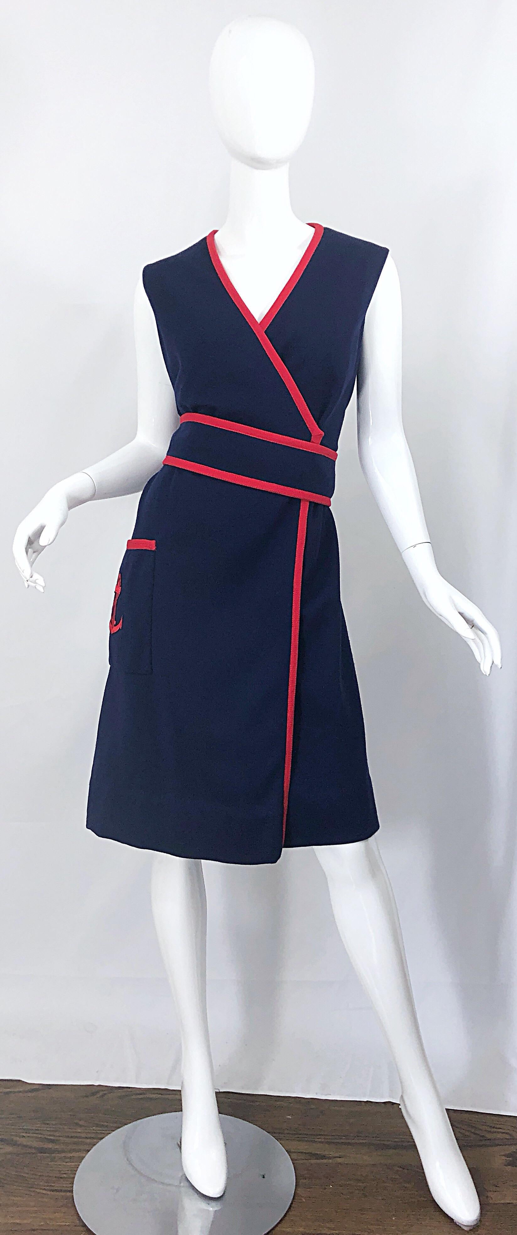 1960s Teal Traina XL Size Nautical Navy Blue Red Vintage 60s Wool Wrap Dress For Sale 5