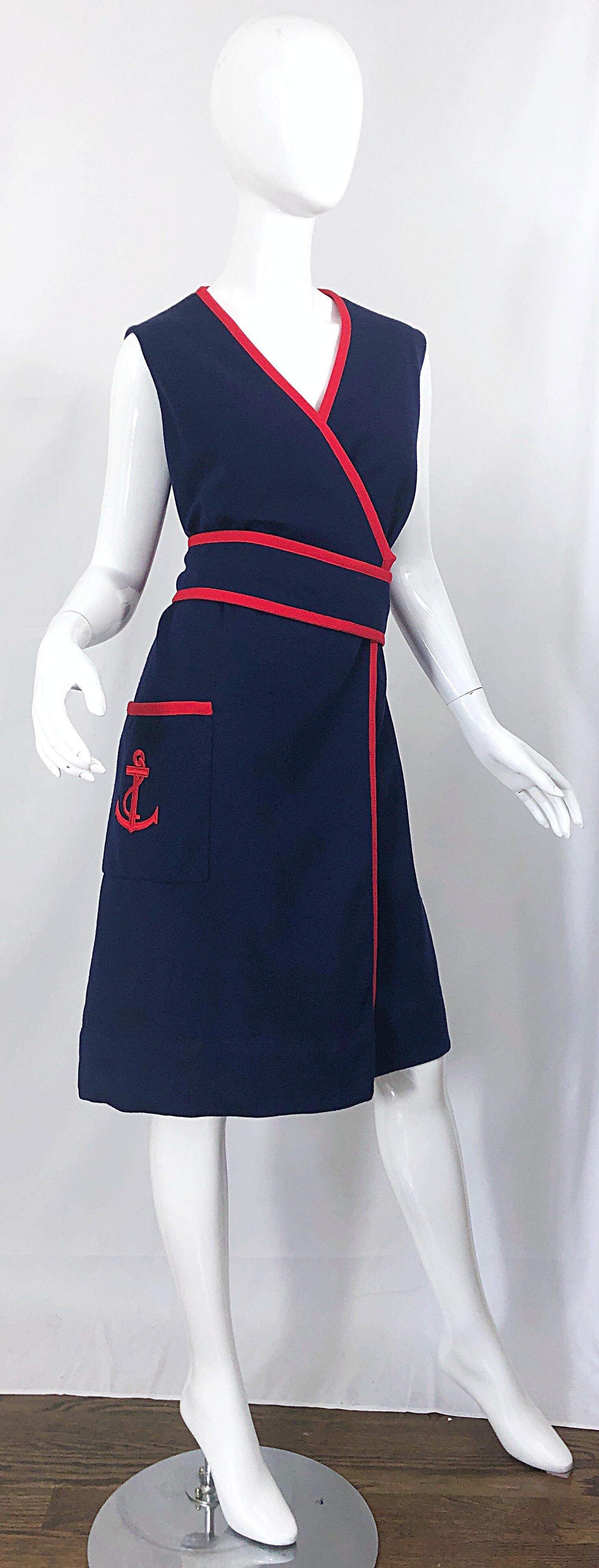 1960s Teal Traina XL Size Nautical Navy Blue Red Vintage 60s Wool Wrap Dress For Sale 6