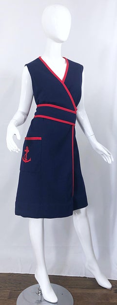1960s Teal Traina XL Size Nautical Navy Blue Red Vintage 60s Wool Wrap Dress