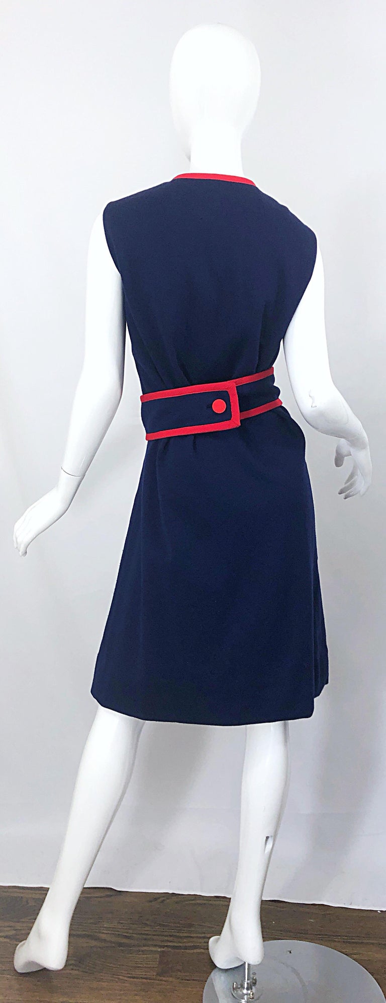 1960s Teal Traina XL Size Nautical Navy Blue Red Vintage 60s Wool Wrap Dress