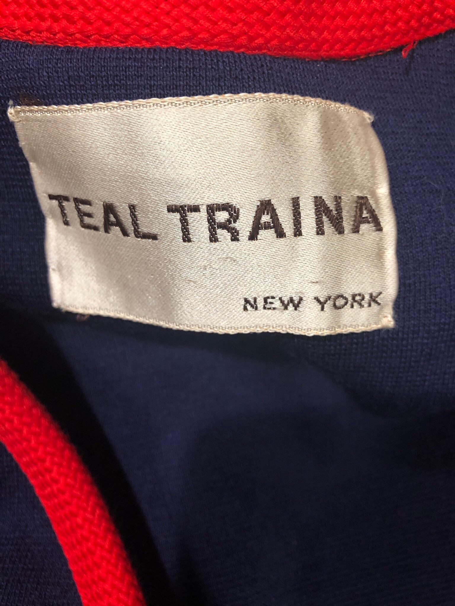 1960er Jahre Teal Traina Große Größe Nautische Marine Blau Rot Vintage 60er Jahre Wolle Wickelkleid Damen im Angebot