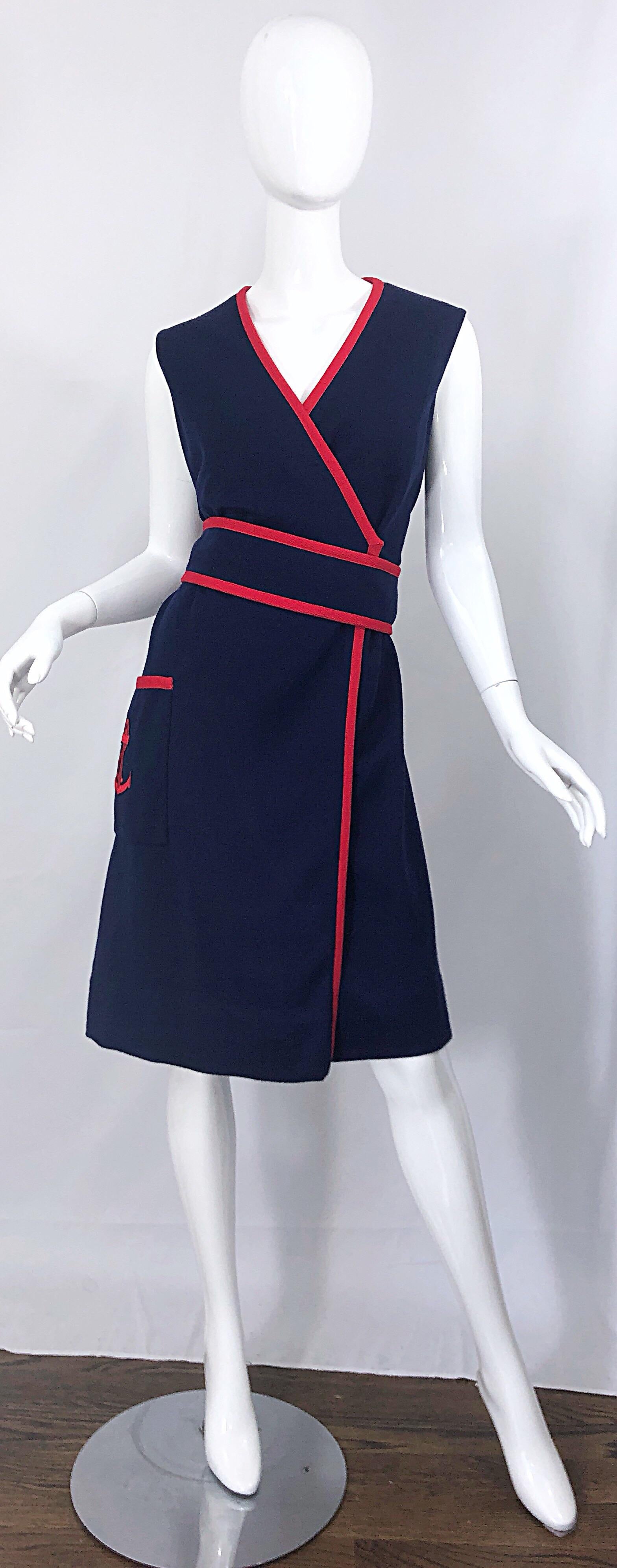 1960s Teal Traina XL Size Nautical Navy Blue Red Vintage 60s Wool Wrap Dress For Sale 1