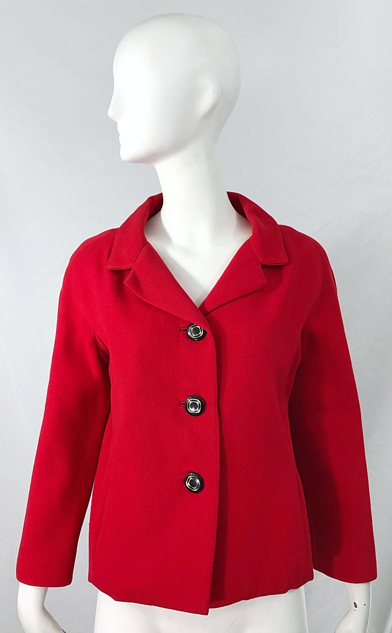 Chic 1960s TEAL TRAINA by GEOFFREY BEENE lipstick red swing jacket ! Features the perfect lipstick red color with black and gold deco buttons up the front. POCKETS at each side of the waist. The perfect addition to any outfit that can be worn