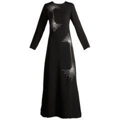 1960s Teal Traina Vintage Black Jersey Maxi Dress with Prong Set Rhinestones