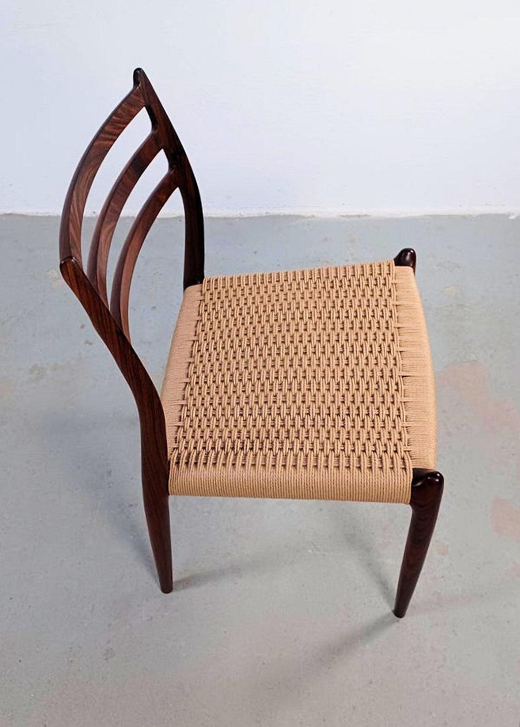 1960er Jahre Zehn vollständig restaurierte N.O. Moller Palisander Papercord Esszimmerstühle (Rosenholz) im Angebot