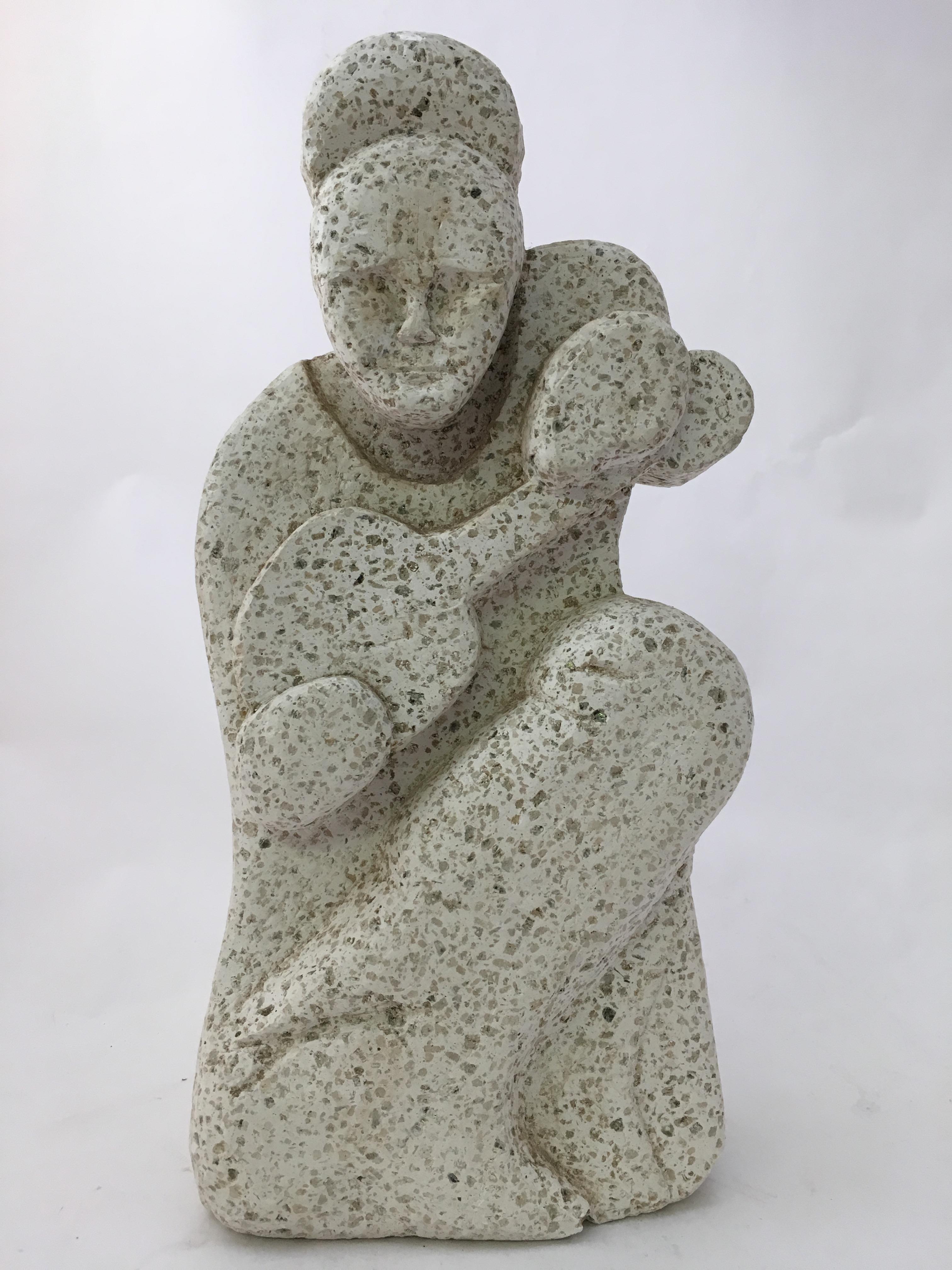 Wonderful cast terrazzo sculpture of a guitar player or other smaller stringed instrument, circa 1950-1960. The terrazzo medium is quite unique in sculpture form. Terrazzo is a composite material cast with a Binder or polymeric of marble chips,