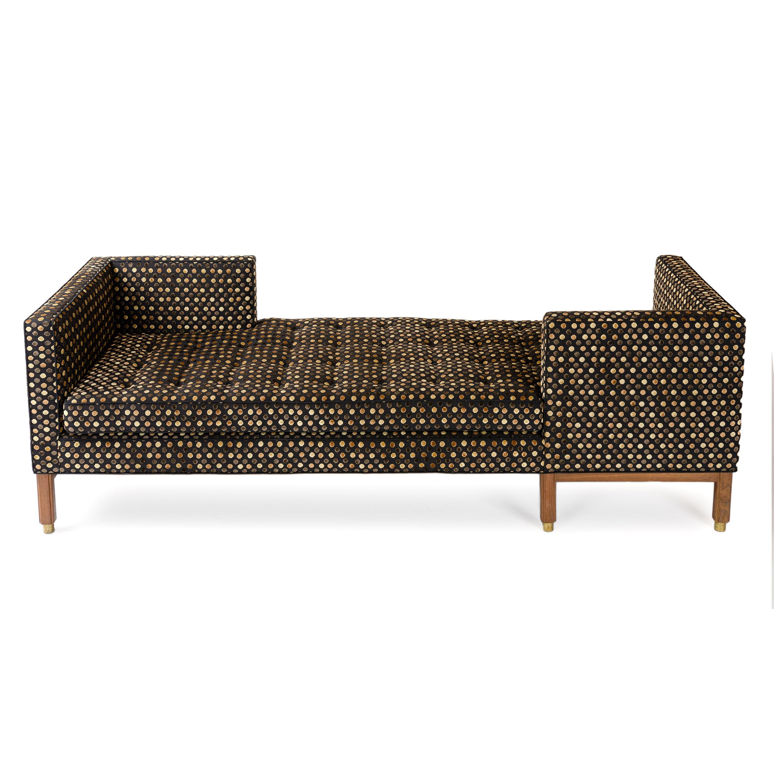 Traditional form reinterpreted with modern sensibilities by Wormley for his 1959 ‘New Career’ collection creating a new Classic in upholstered seating. Essentially two opposing, Lawson style right angles ‘facing’ each other with space between set on