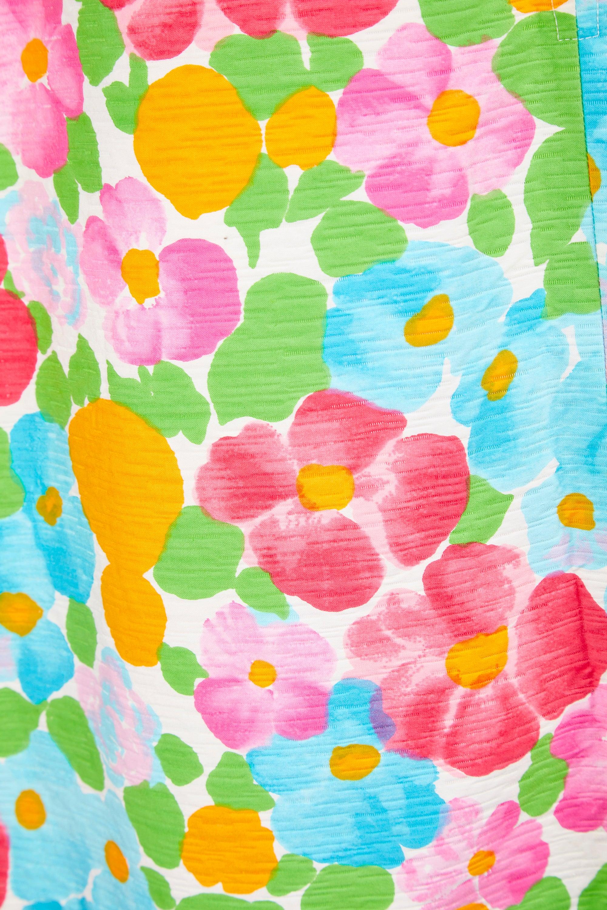 Women's 1960s Textured Cotton Bright Floral Print A-Line Dress For Sale