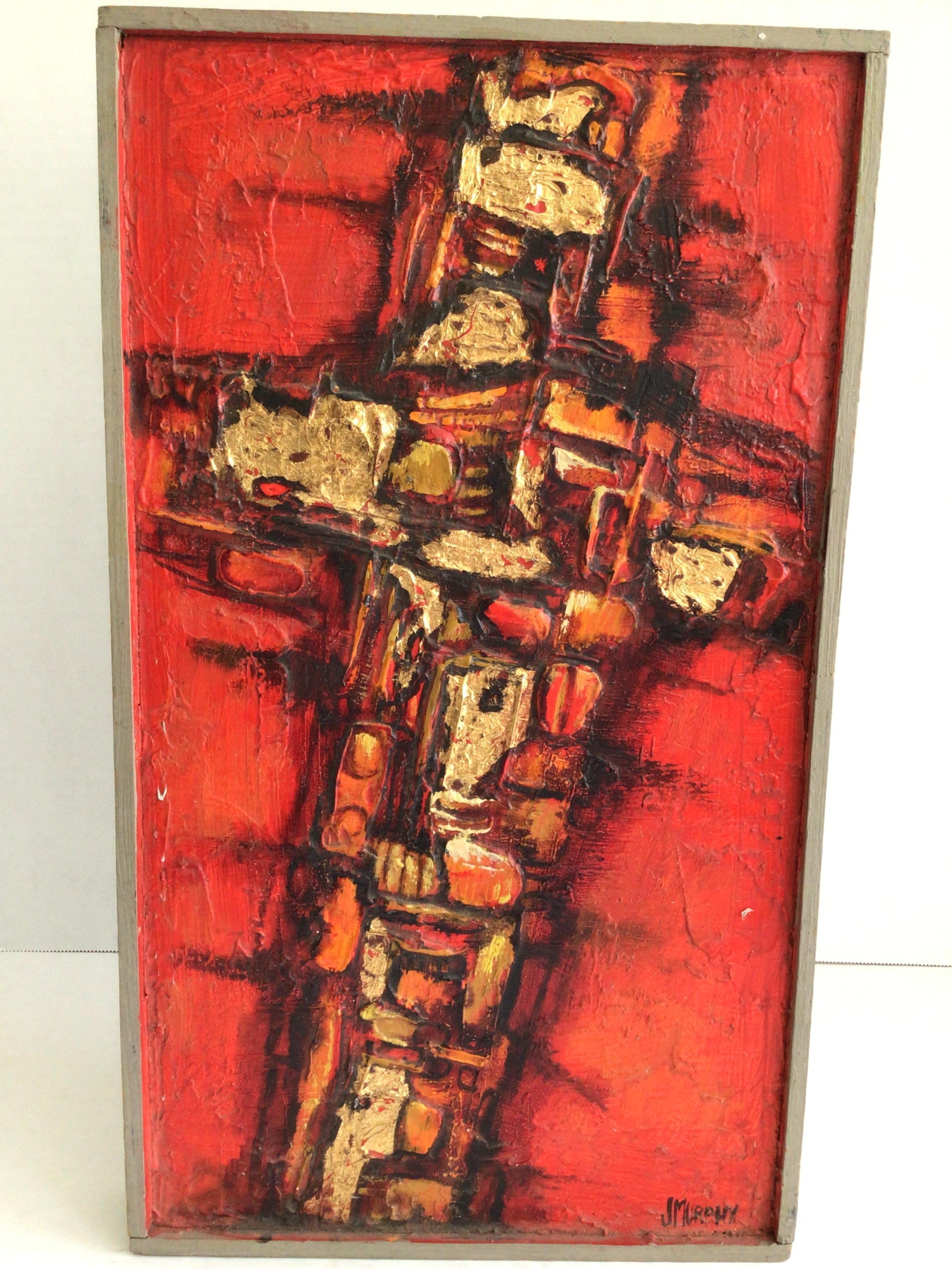 1960s Textured Oil Painting on Board of Christian Cross 
Religious, Religion, bold painting in Red, Cream, and Black
Signed Meyers
Wood framed