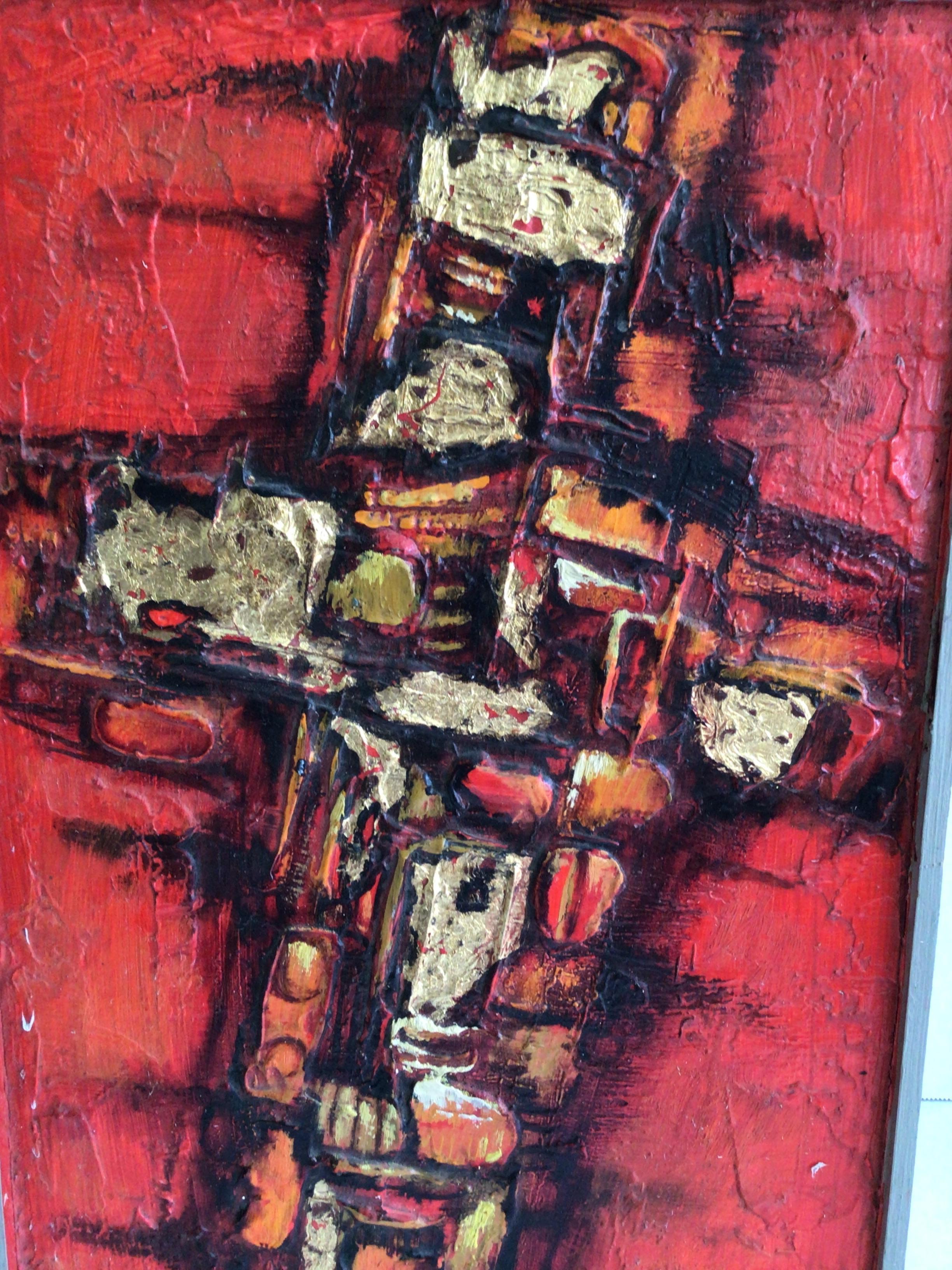 Hand-Painted 1960s Textured Oil Painting on Board of Christian Cross For Sale