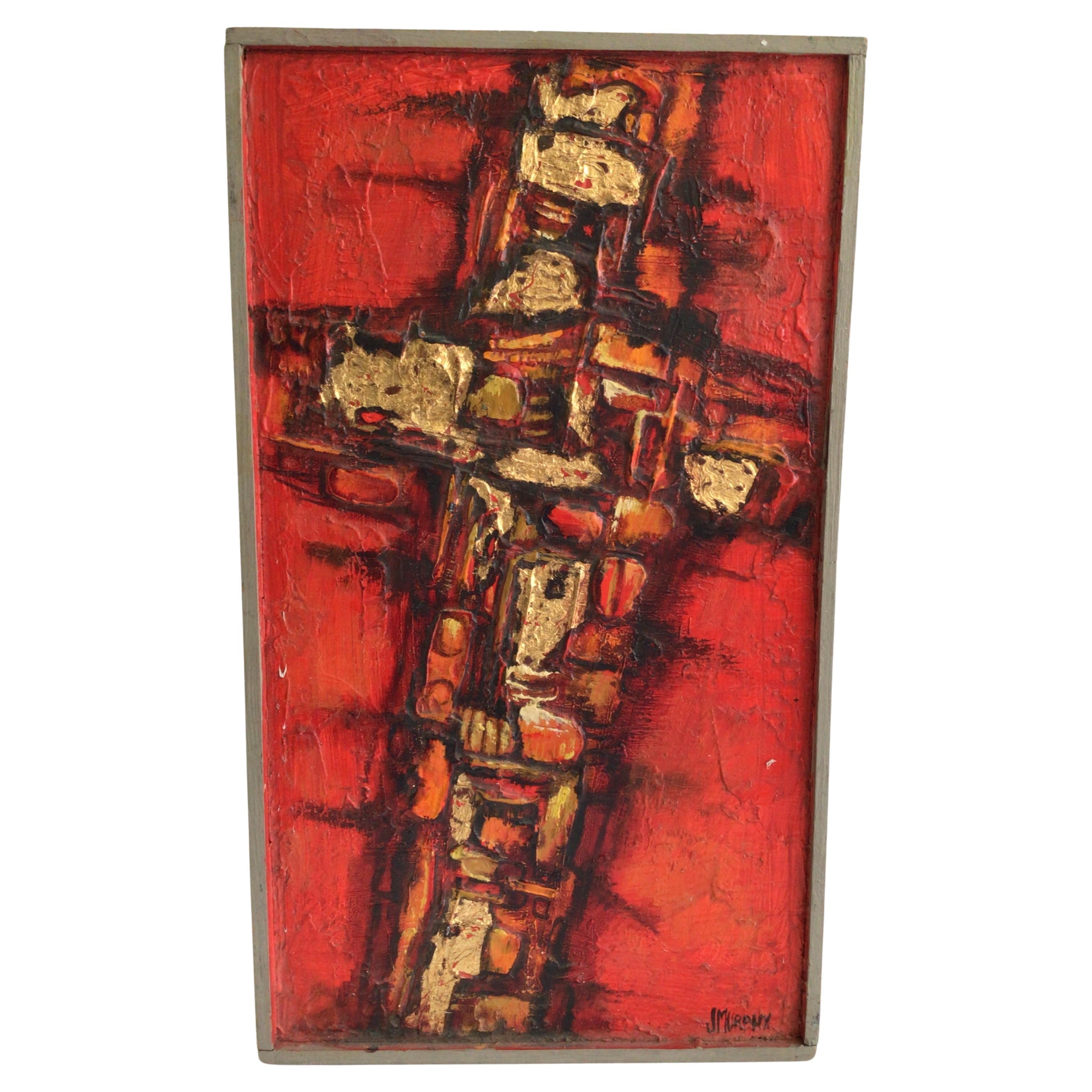 Pittura a olio su tavola con texture del 1960 raffigurante una croce cristiana
