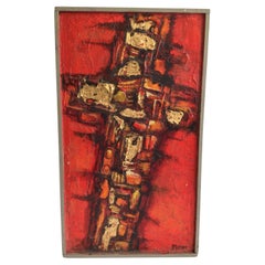Pittura a olio su tavola con texture del 1960 raffigurante una croce cristiana