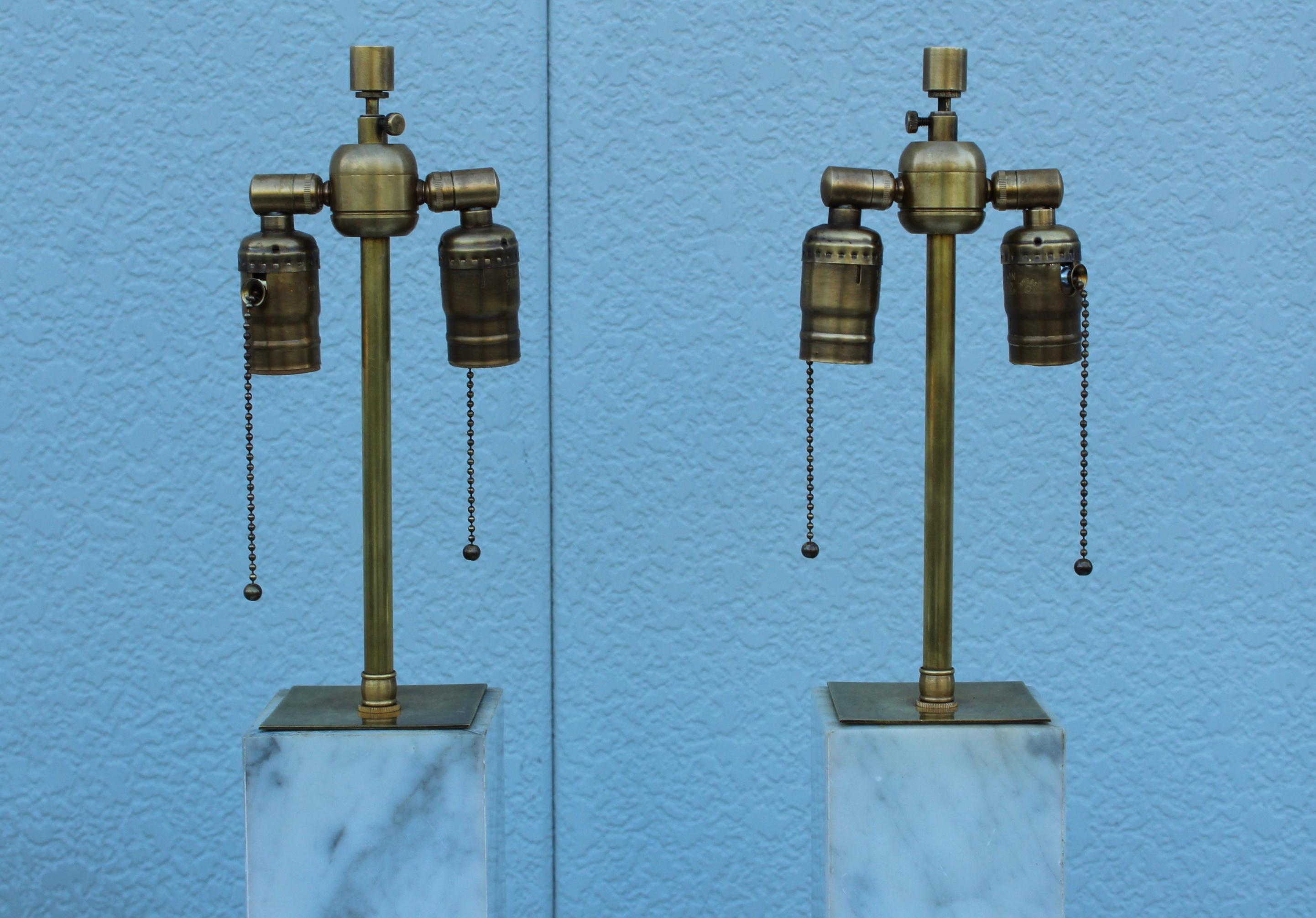 Mid-20th Century 1960's T.H. Robsjohn Gibbings Style Brass and Marble Table Lamps For Sale