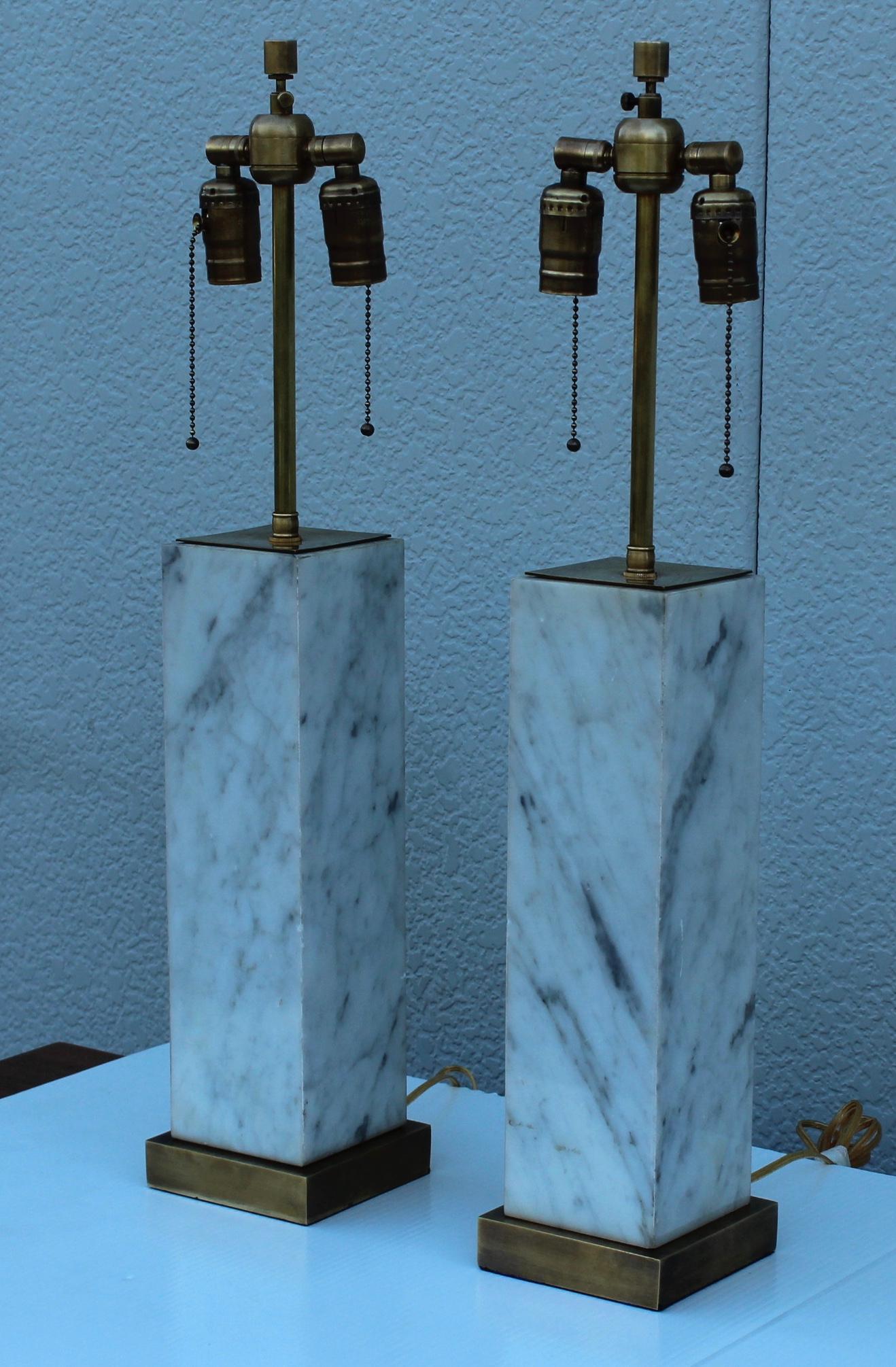1960's T.H. Robsjohn Gibbings Style Brass and Marble Table Lamps For Sale 3
