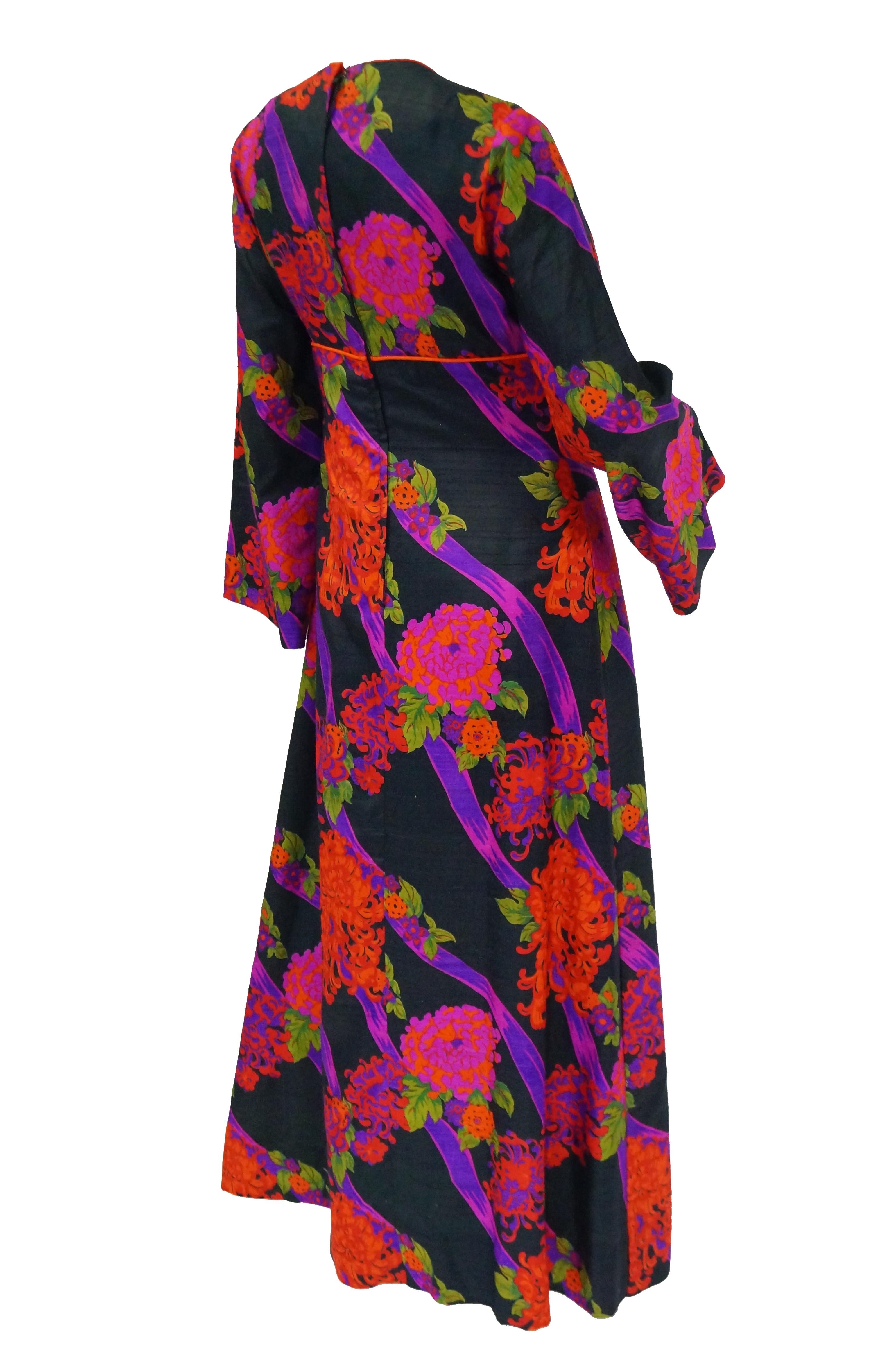 Women's 1960s Thai Silk Black, Purple, and Red Chrysanthemum Floral Maxi Dress For Sale