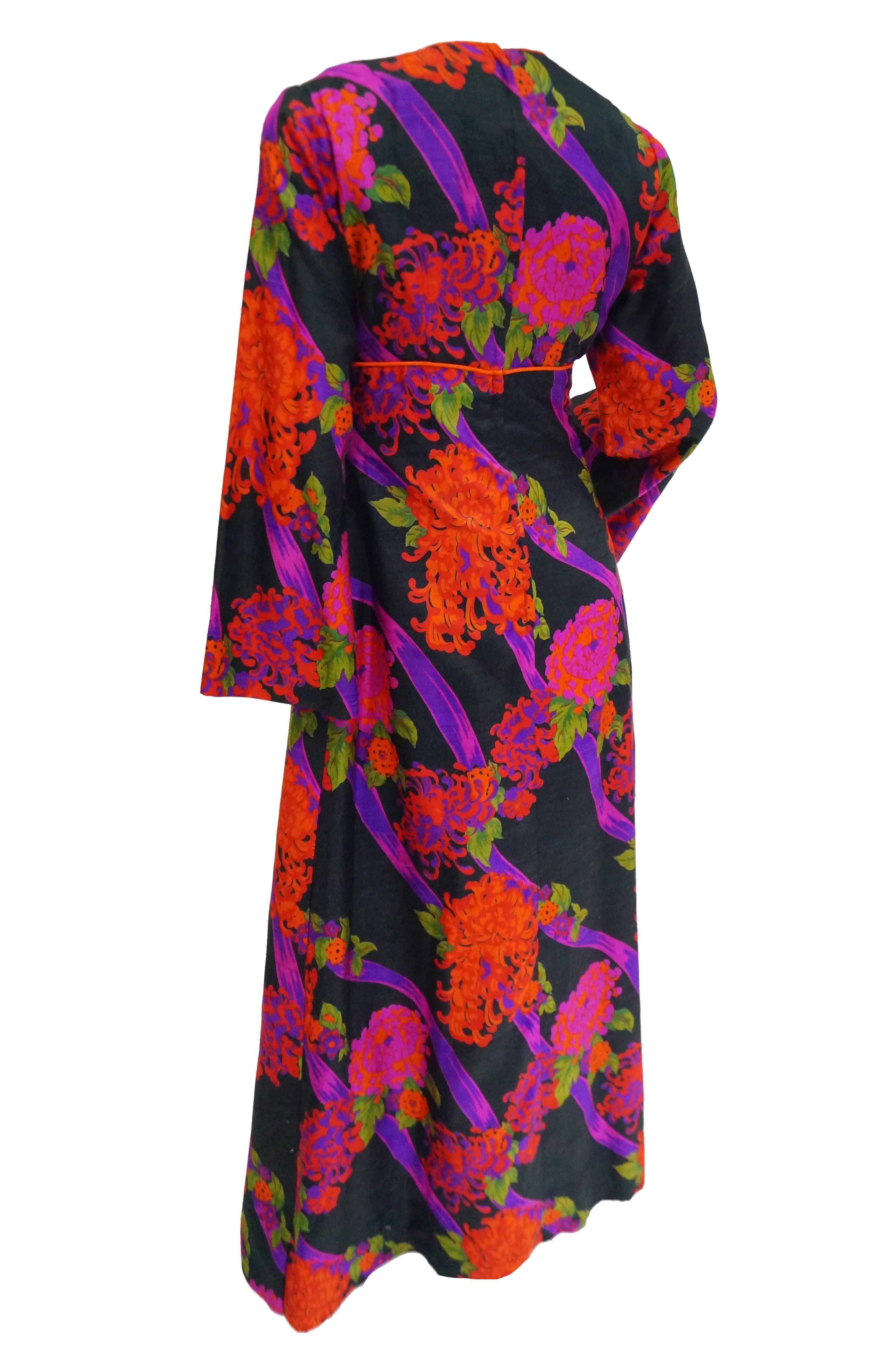 1960s Thai Silk Black, Purple, and Red Chrysanthemum Floral Maxi Dress For Sale 1