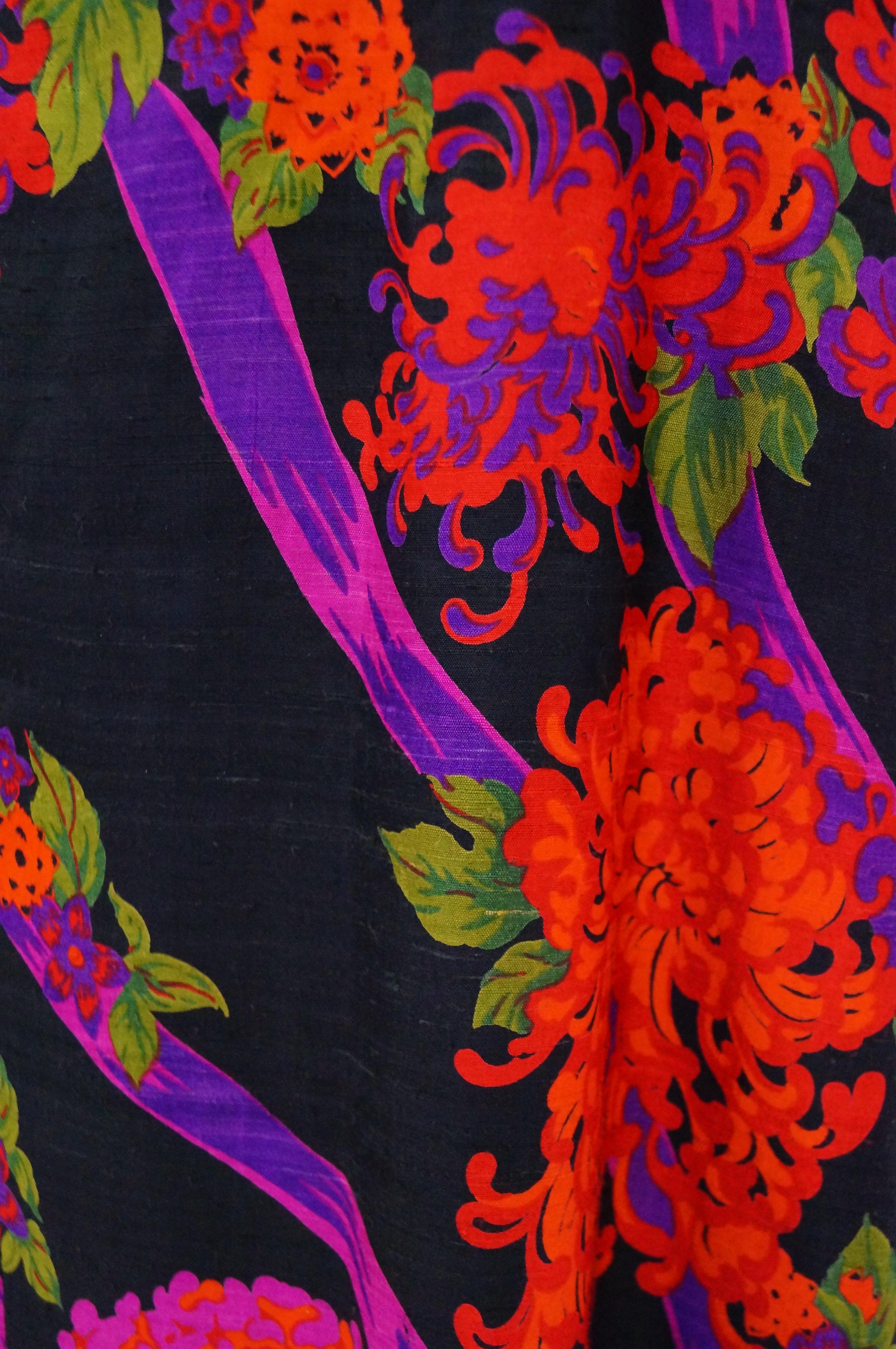 1960s Thai Silk Black, Purple, and Red Chrysanthemum Floral Maxi Dress For Sale 2