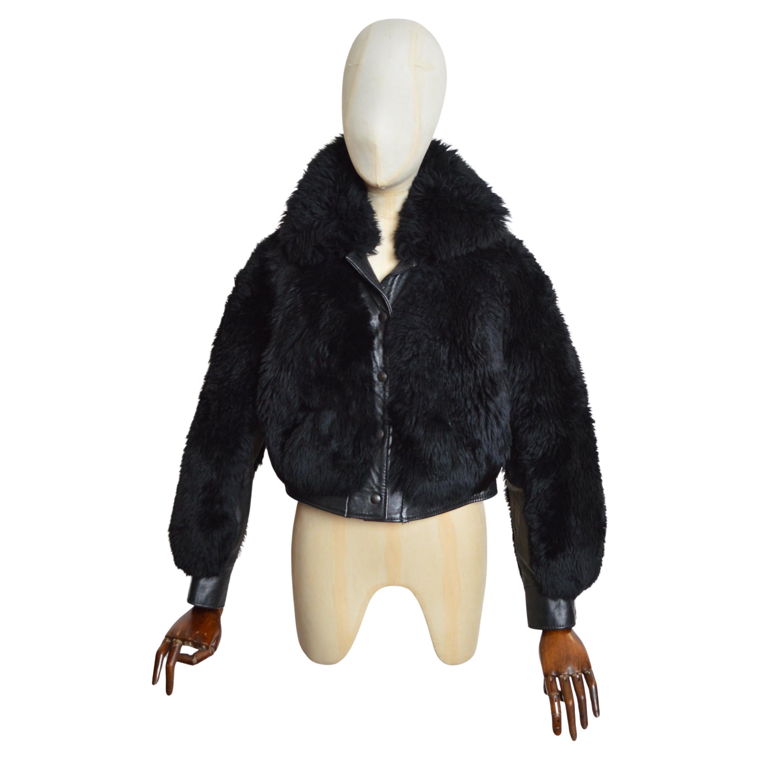 Chaqueta bomber de piel de oveja Penny Lane negra gruesa de los años 60 - Abrigo en venta
