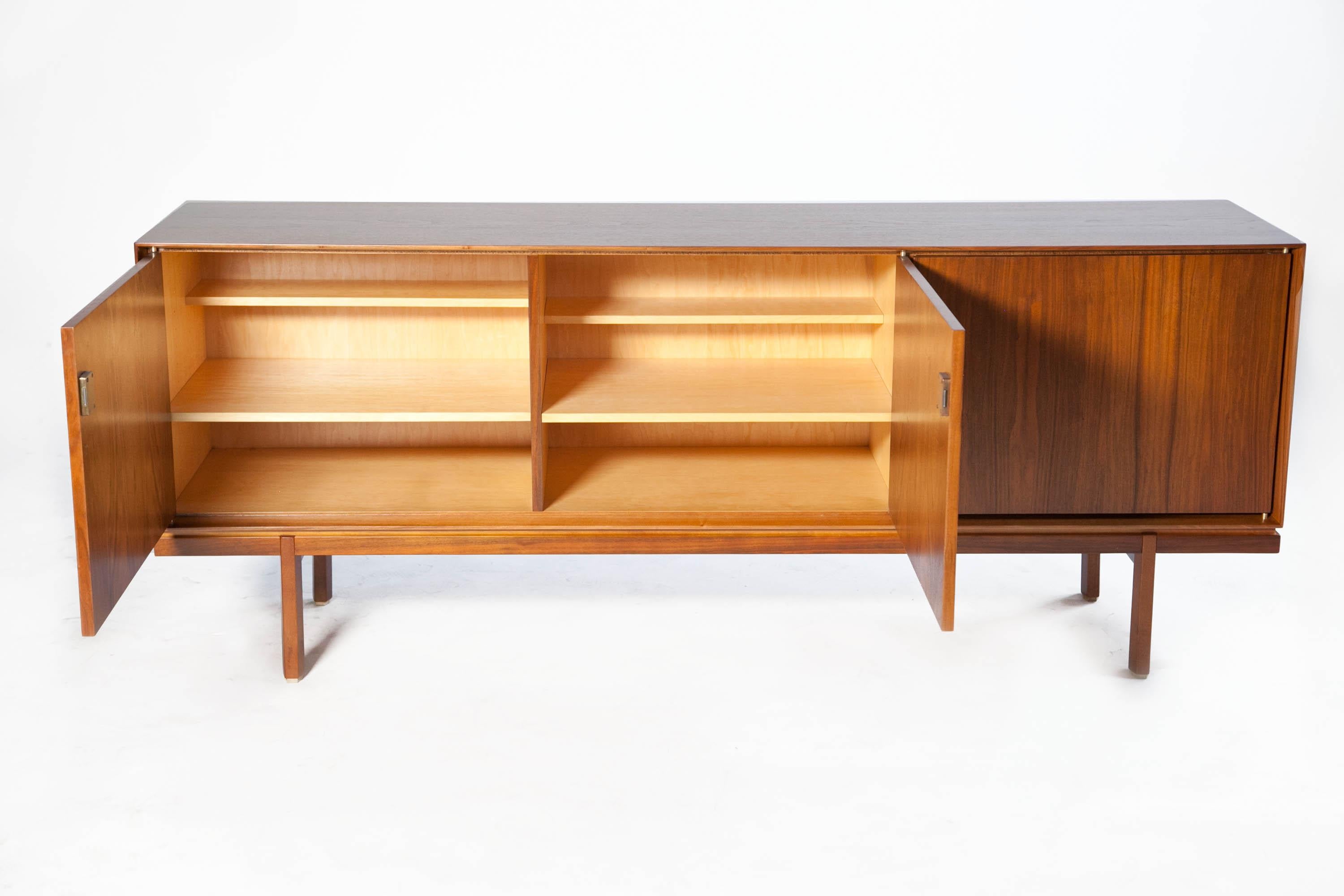 Scandinavian Modern 1960s Thin Edge Three Door Walnut Credenza, Mid Century Danish For Sale