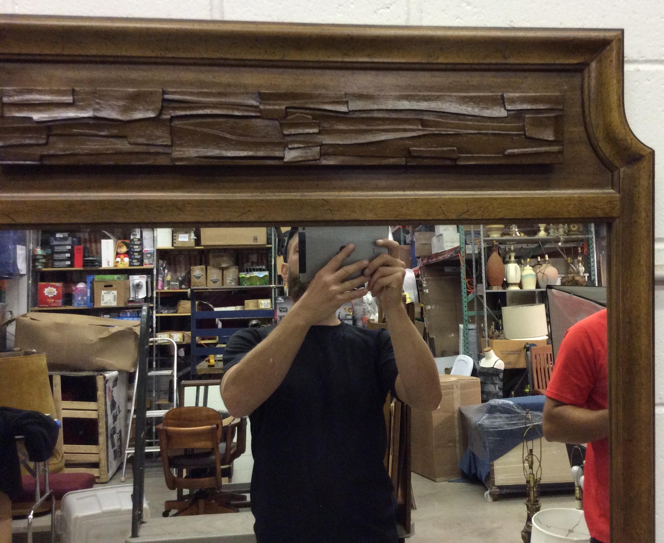 1960s walnut Brutalist style vertical mirror. Marked: Thomasville Furniture Co.
   