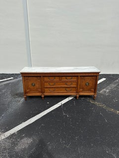 1960s Thomasville White Marble Carved Greek Key Wood Credenza