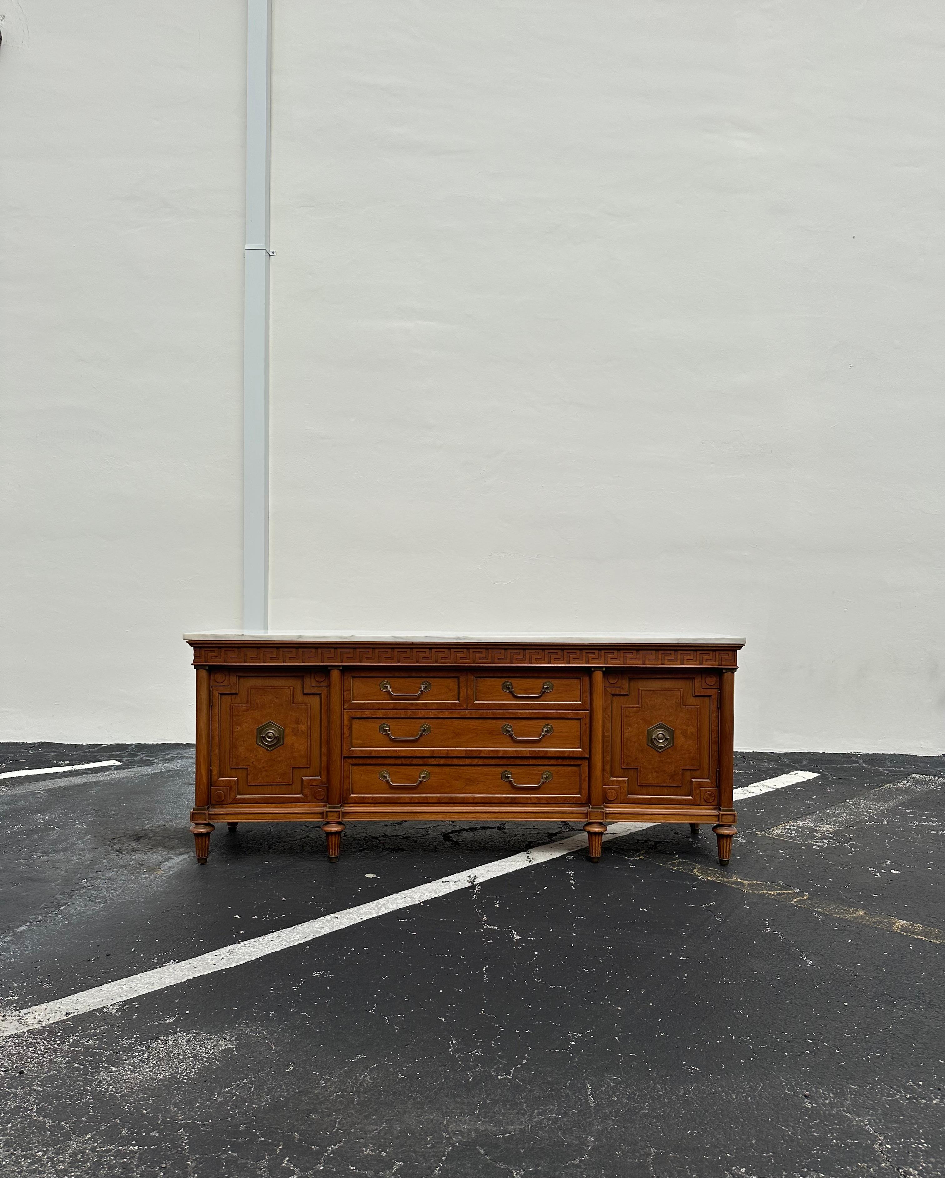 Mid-Century Modern 1960s Thomasville White Marble Carved Greek Key Wood Credenza For Sale