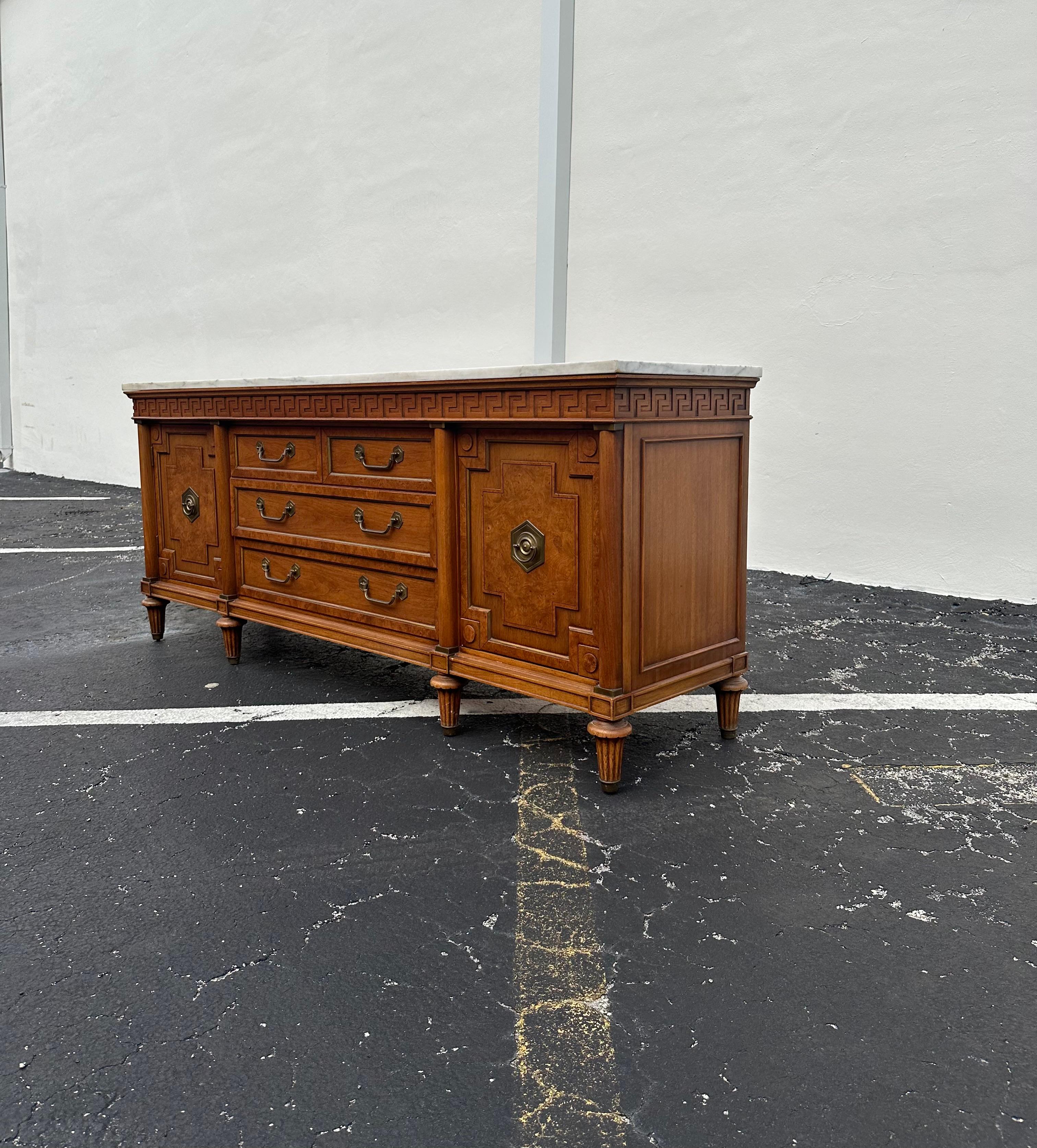 American 1960s Thomasville White Marble Carved Greek Key Wood Credenza For Sale