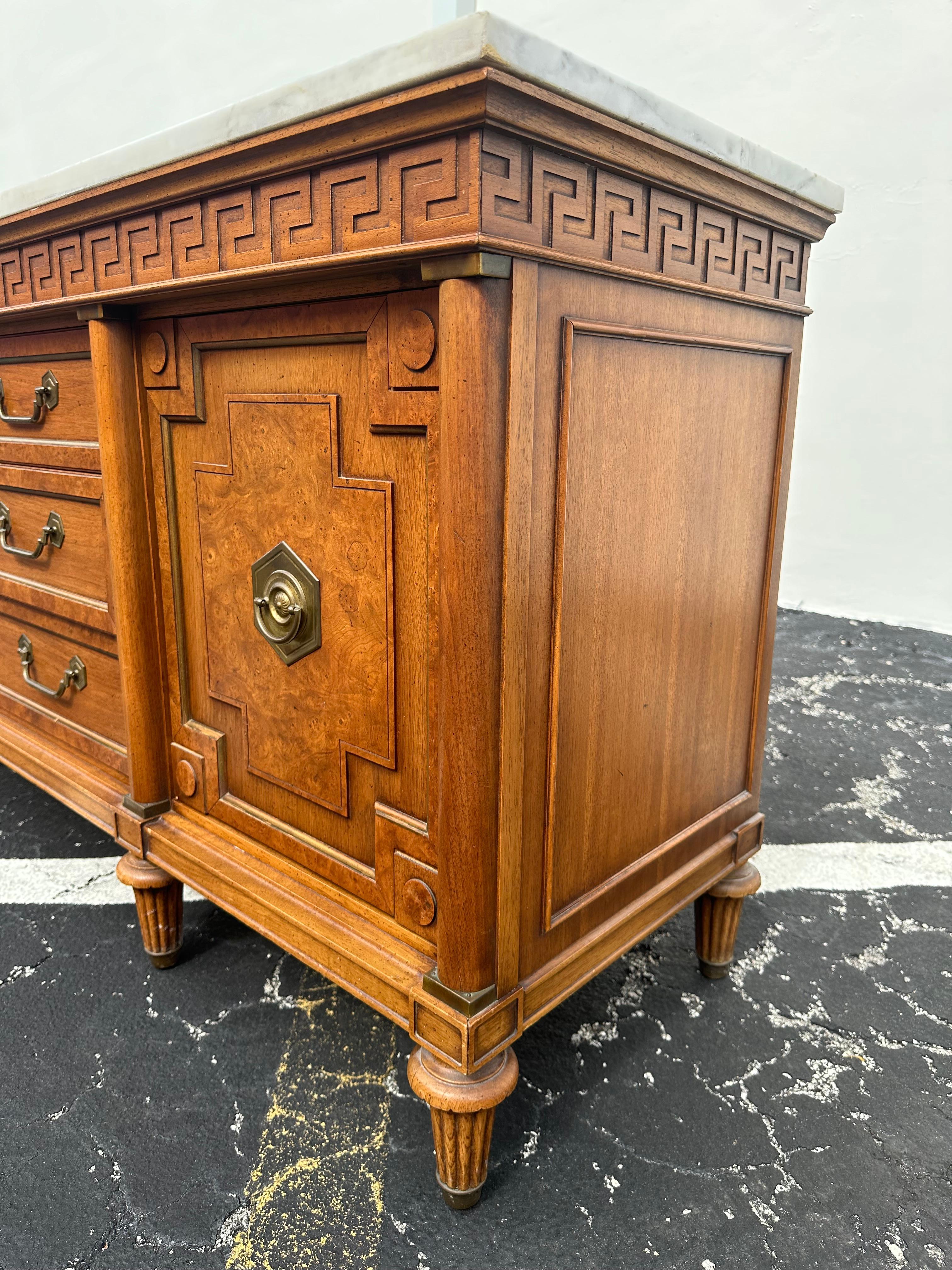 Mid-20th Century 1960s Thomasville White Marble Carved Greek Key Wood Credenza For Sale