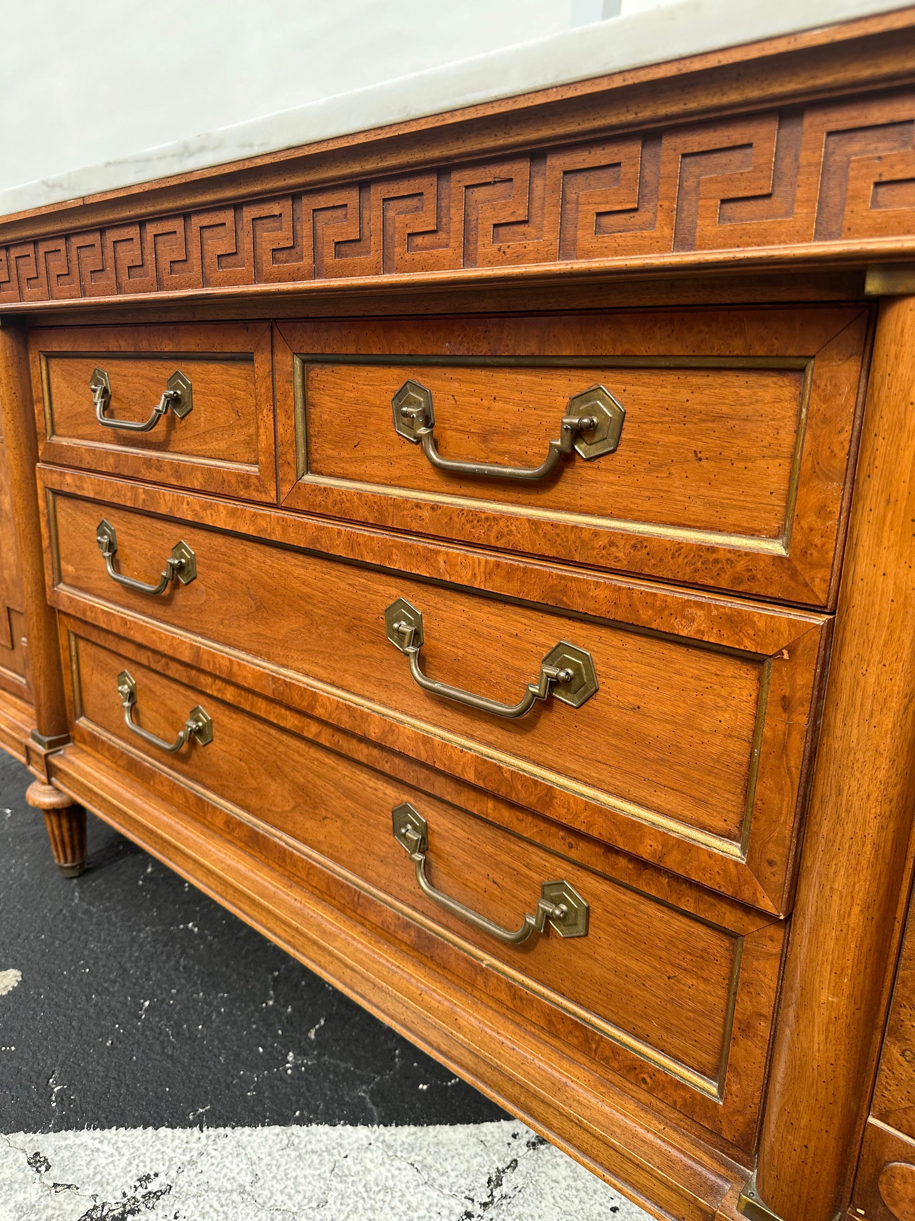 Brass 1960s Thomasville White Marble Carved Greek Key Wood Credenza For Sale