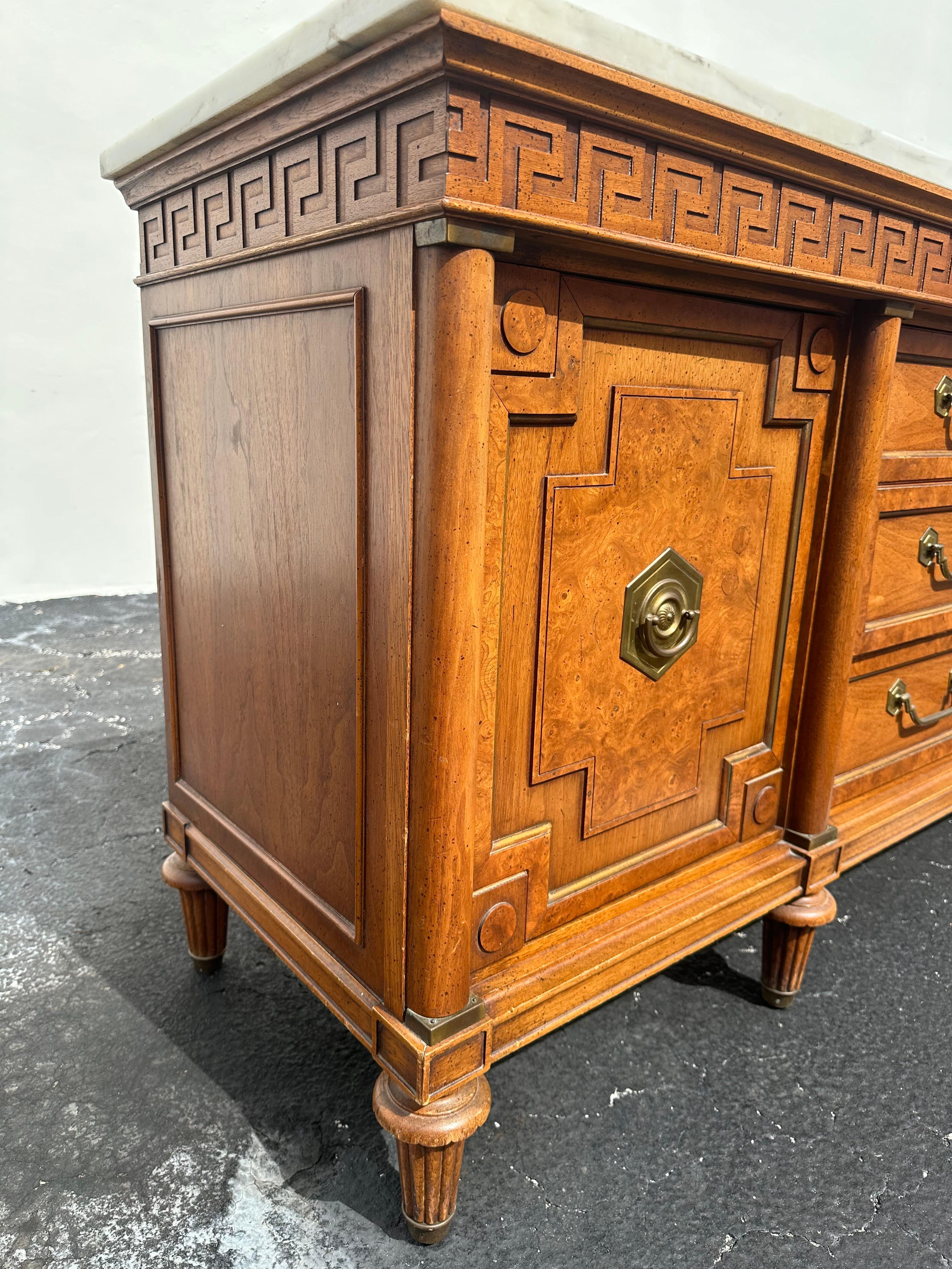 1960s Thomasville White Marble Carved Greek Key Wood Credenza For Sale 1