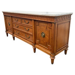 1960s Thomasville White Marble Carved Greek Key Wood Credenza