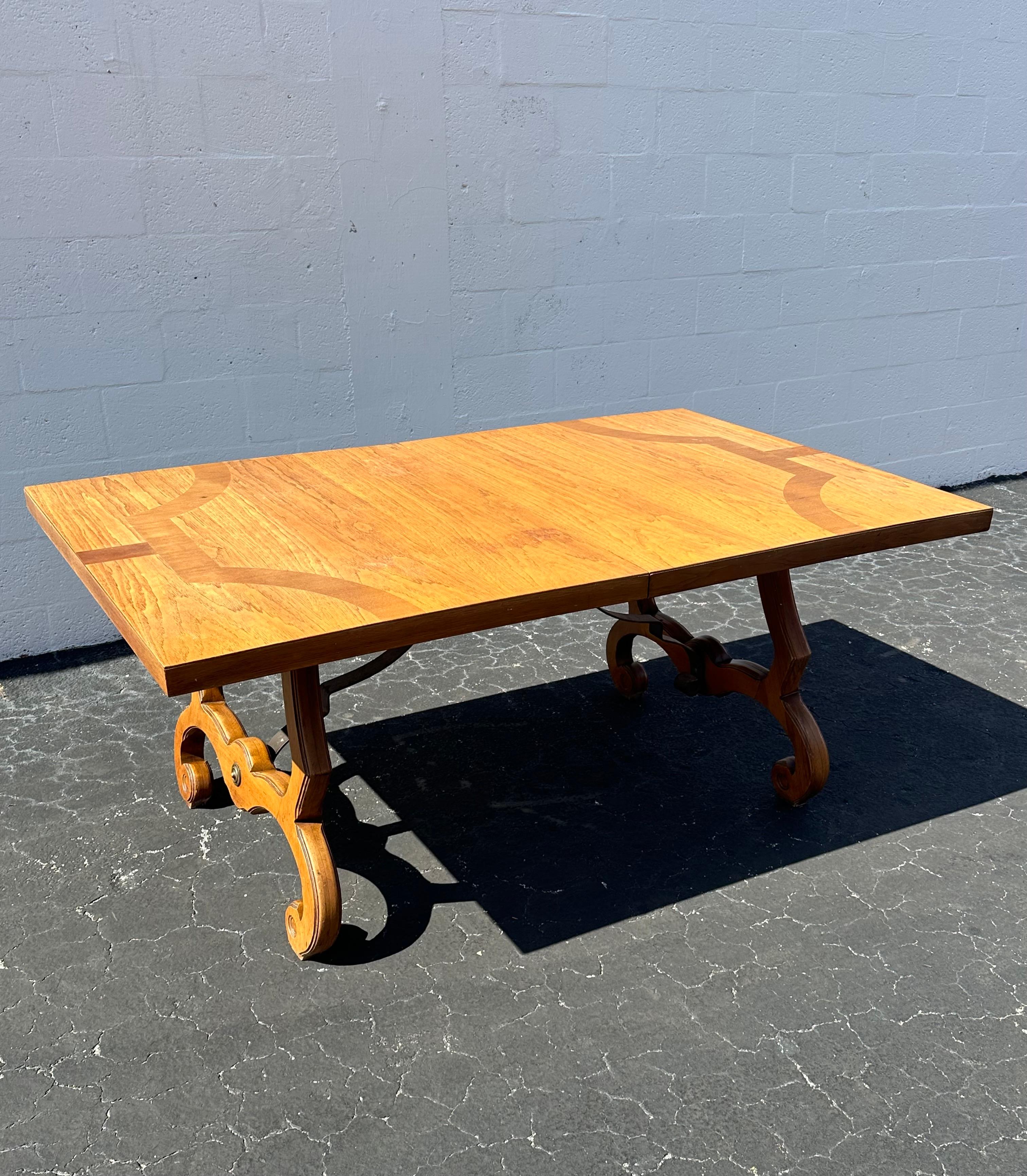 American 1960s Thomasville Spanish Baroque Style Wood Iron Dining Table For Sale