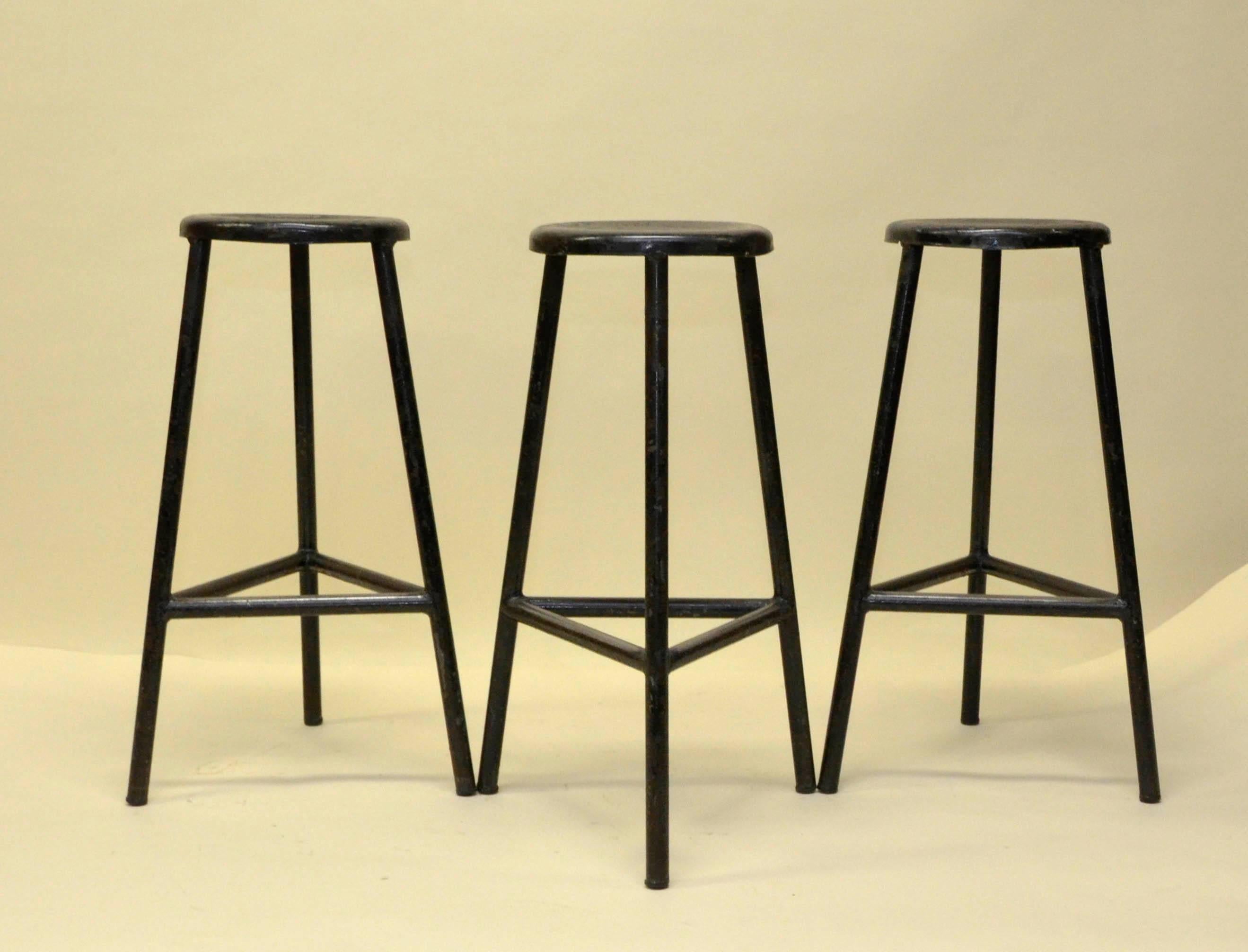 Mid-20th Century 1960s Three Black Metal Italian Industrial Three-Legged Bar High Stools