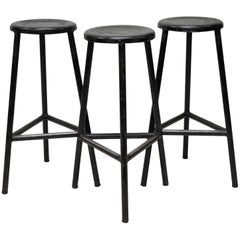 1960s Three Black Metal Italian Industrial Three-Legged Bar High Stools