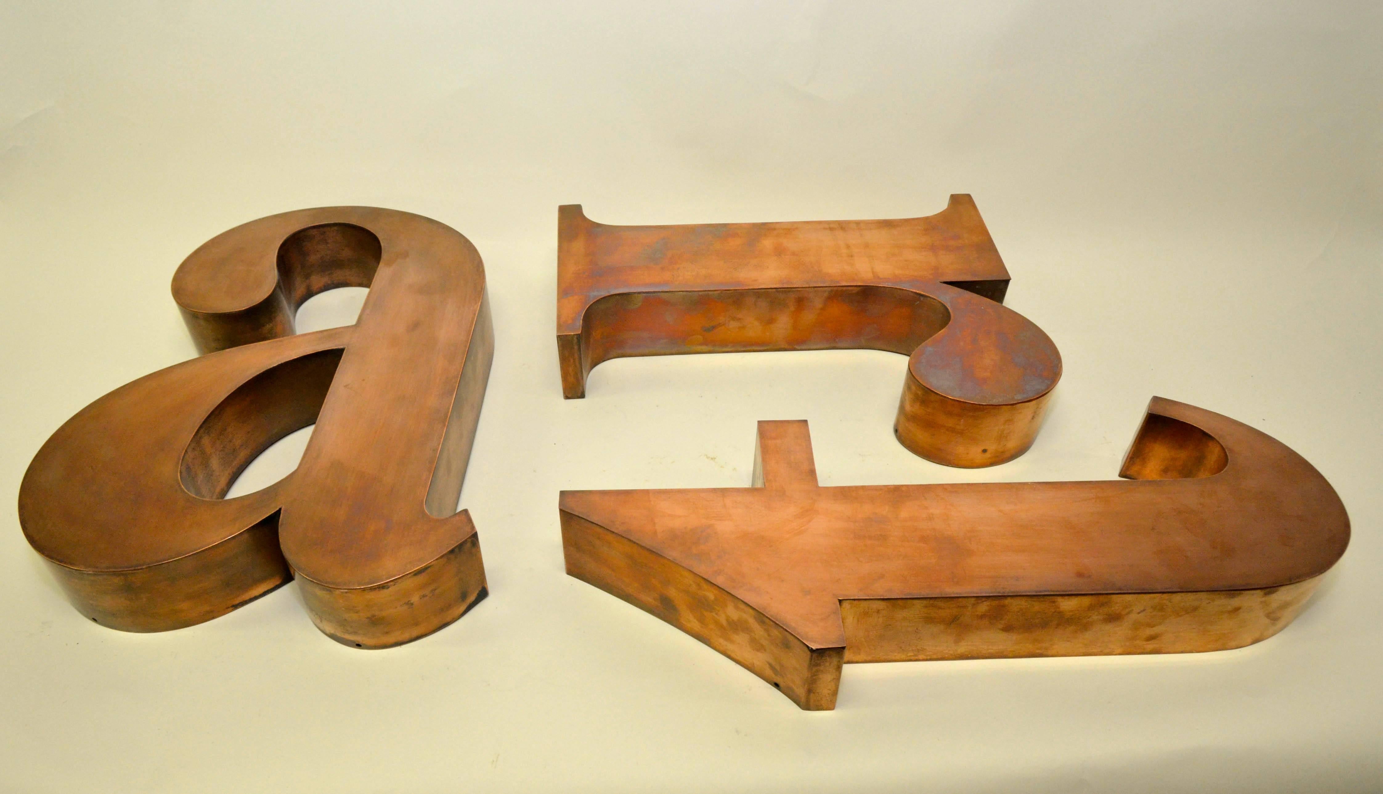 1960s Three Italian Lowercase Italics Letters ART in Copper 5