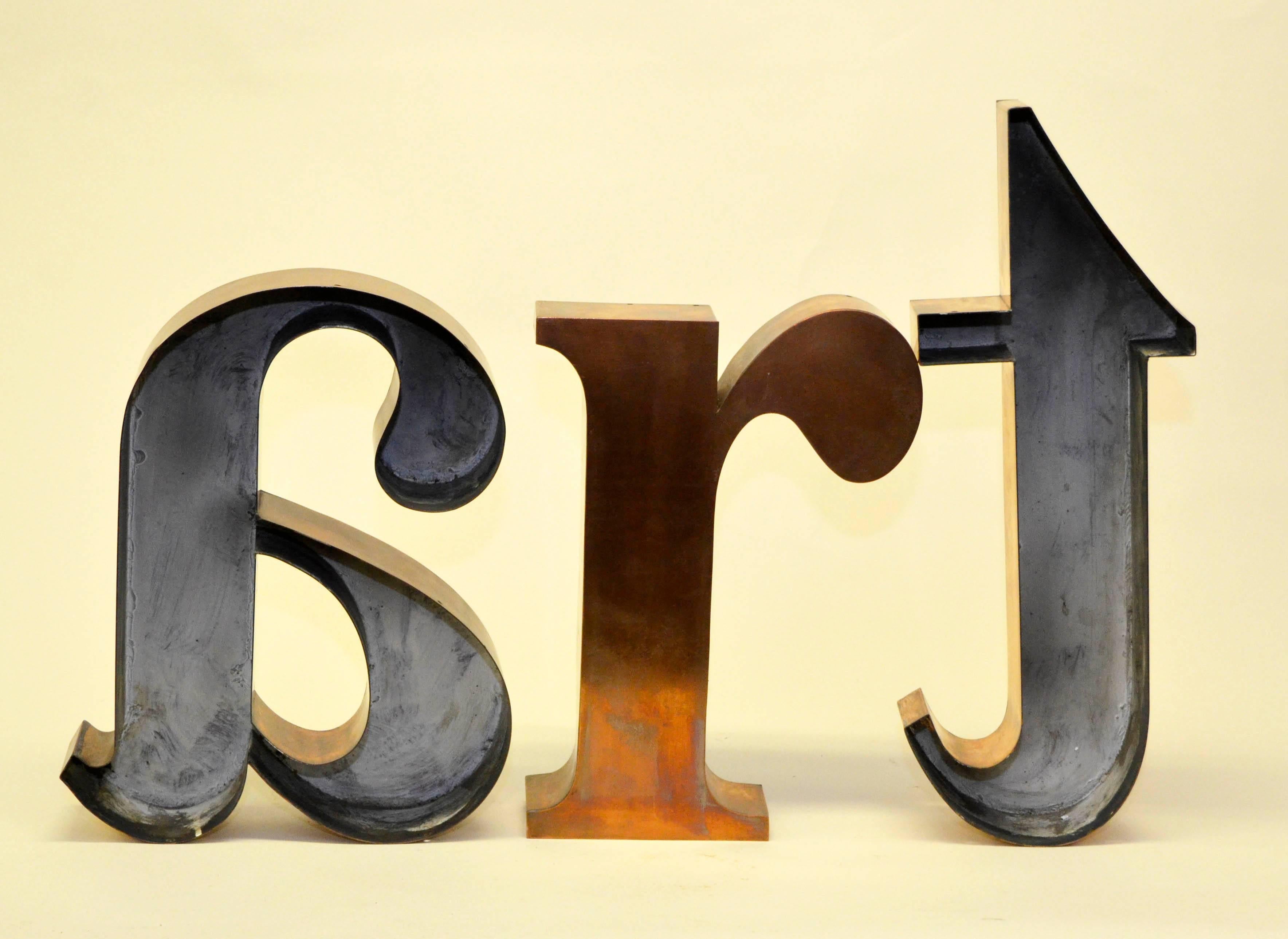 Mid-Century Modern 1960s Three Italian Lowercase Italics Letters ART in Copper