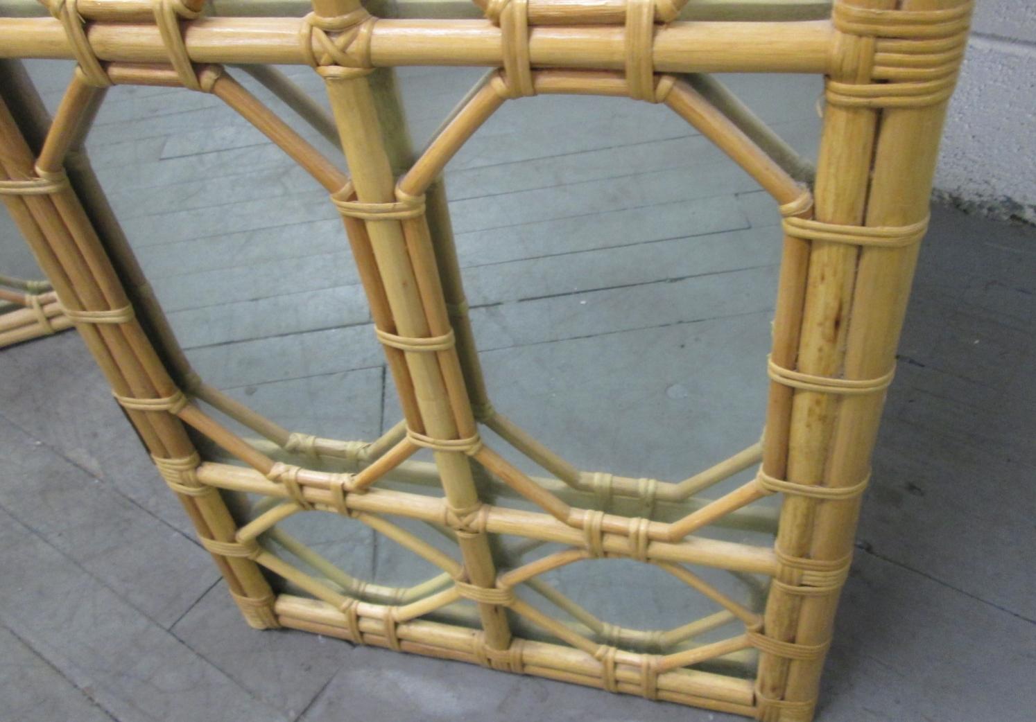 Mid-Century Modern 1960s Three Panel Rattan and Mirror Floor Screen Room Divider For Sale