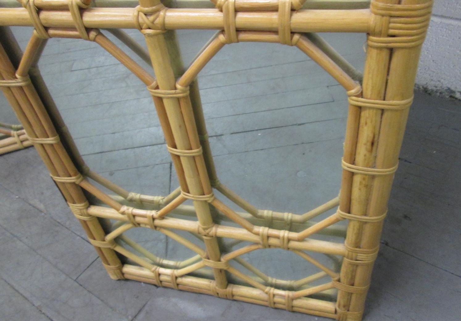 Mid-Century Modern 1960s Three Panel Rattan and Mirror Floor Screen Room Divider